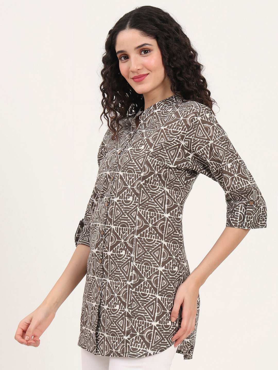 Dark Grey Geomatric Printed Cotton Top