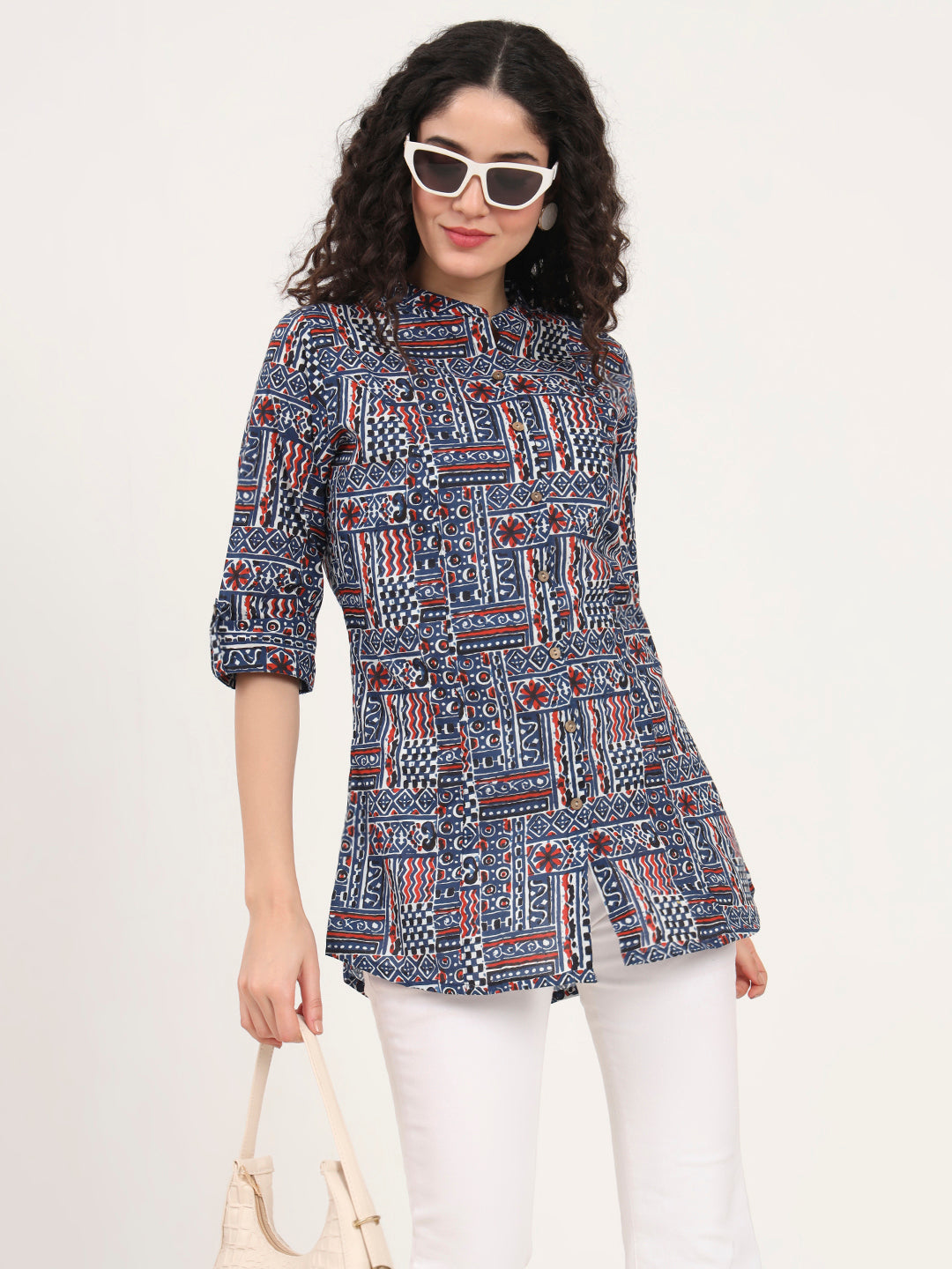 Blue Floral Printed Cotton Top