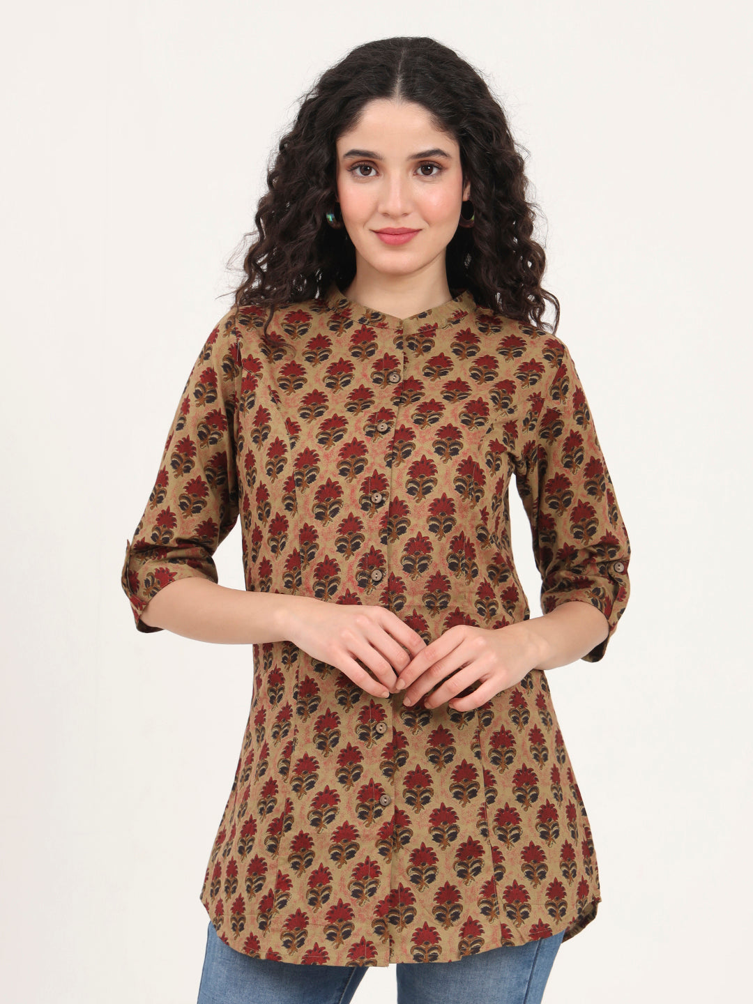Brown Floral Printed Cotton Top