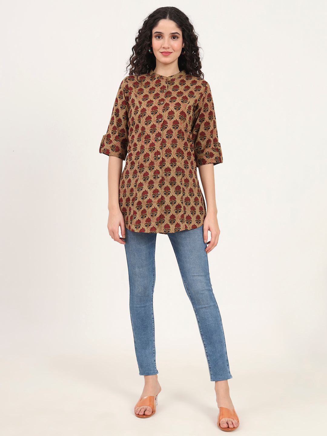 Brown Floral Printed Cotton Top