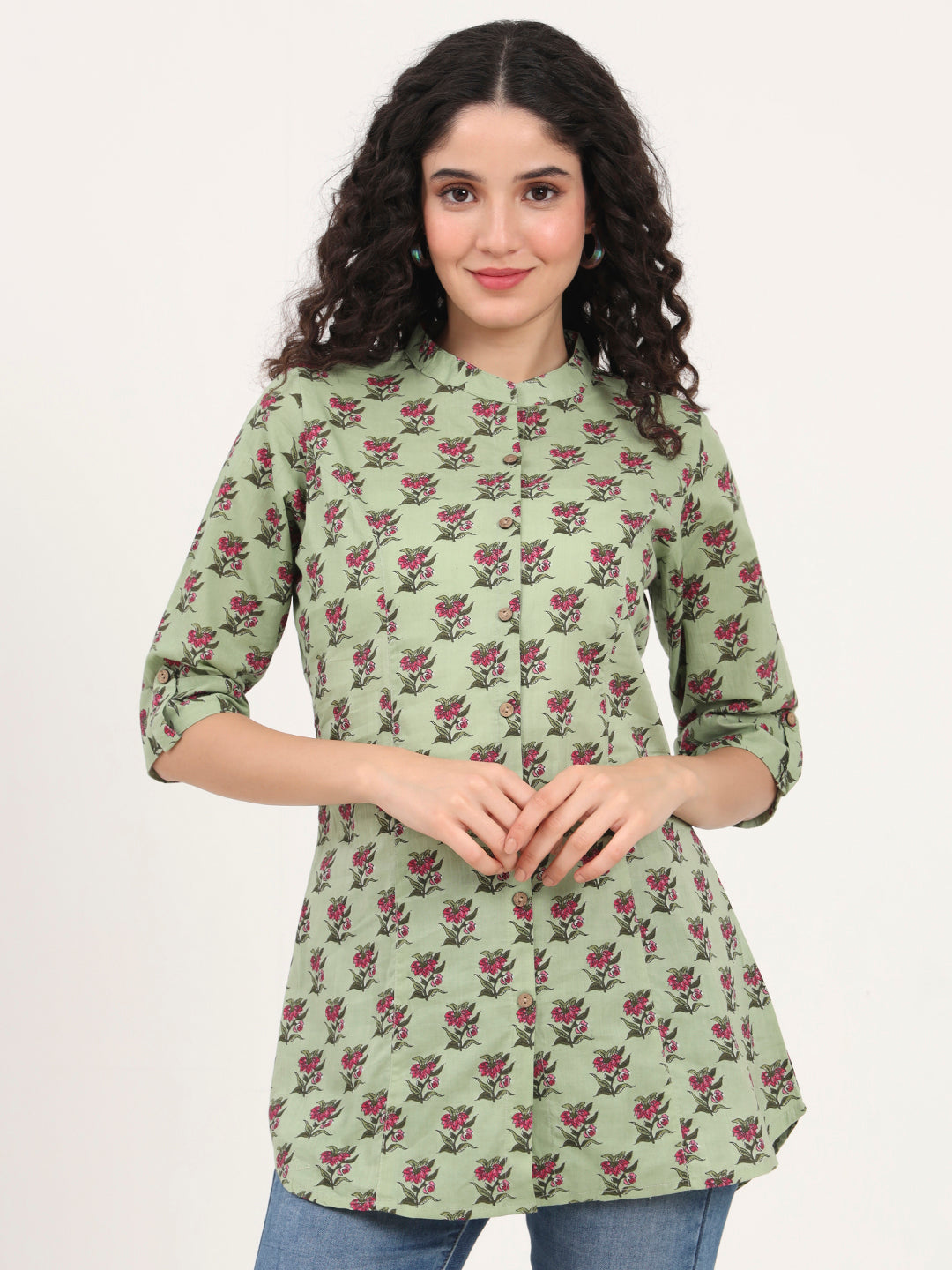 Green Floral Printed Cotton Top
