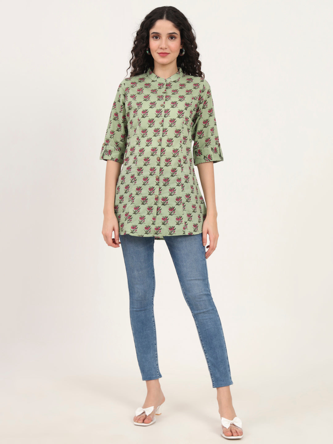 Green Floral Printed Cotton Top
