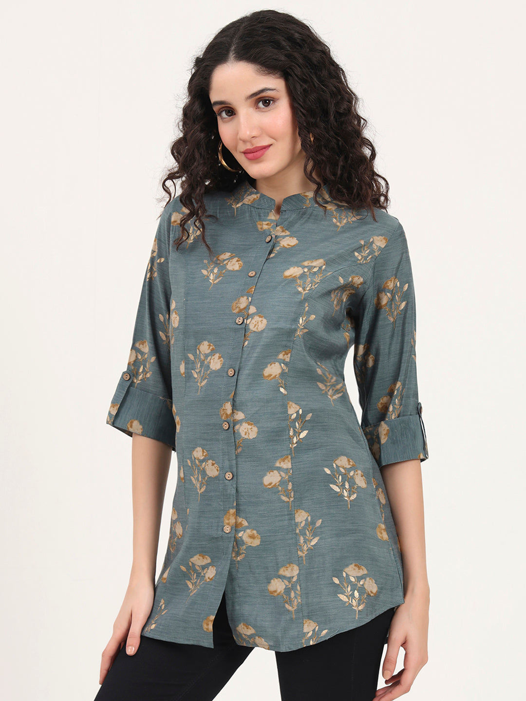 Grey Floral Printed Rayon Top