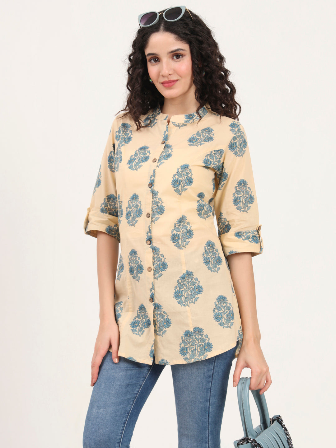 Beige Floral Printed Cotton Top
