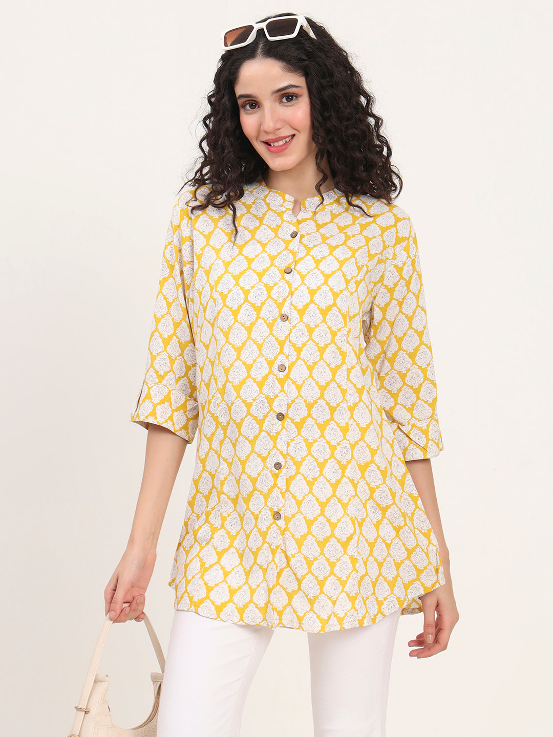 Yellow Floral Printed Rayon Top