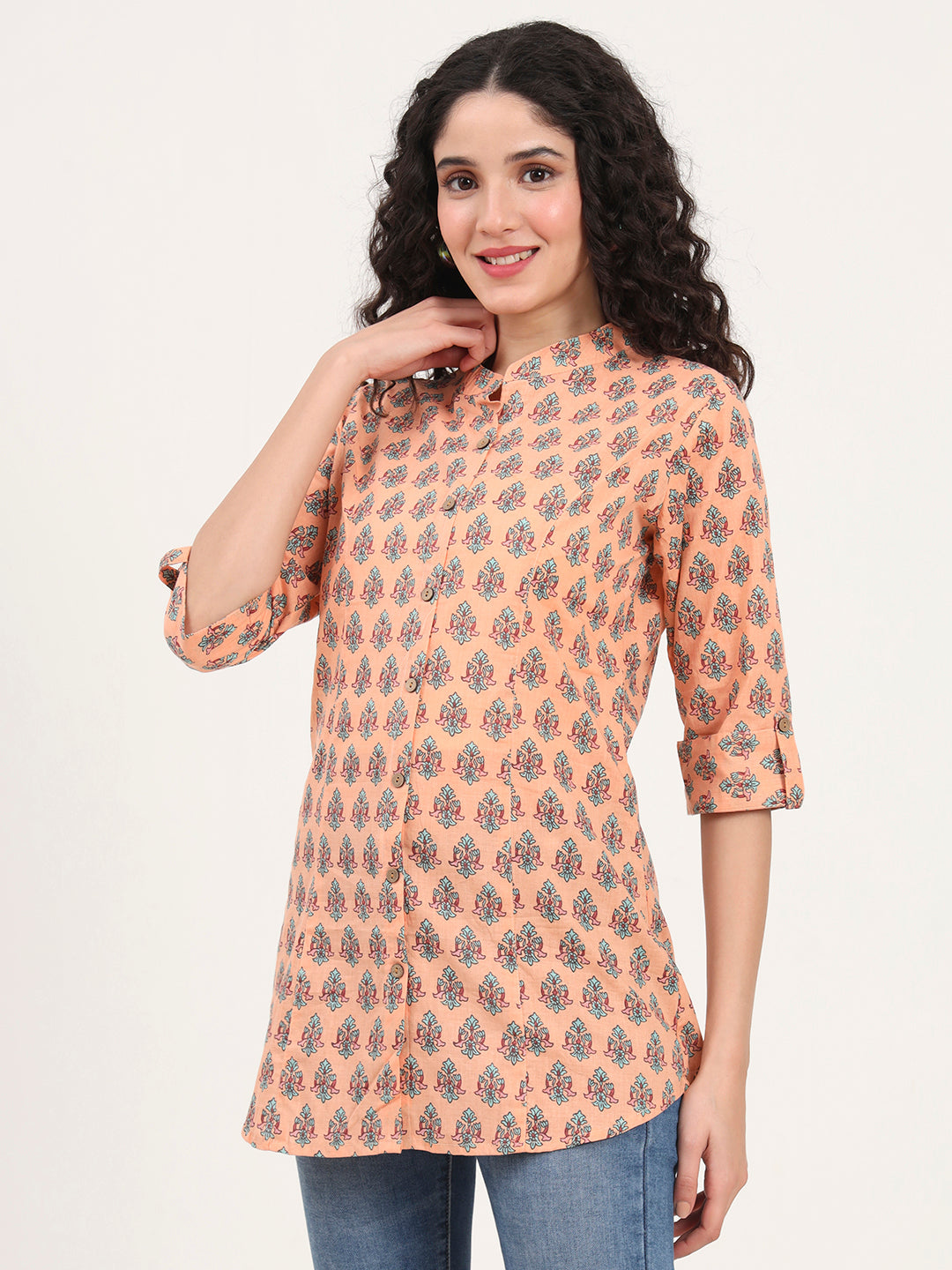 Light Orange Floral Printed Cotton Top