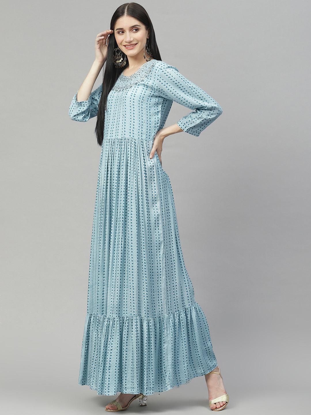 Jamal Jamaloo Blue Muslin Flared Gown - Jamal Jamalooworld.com