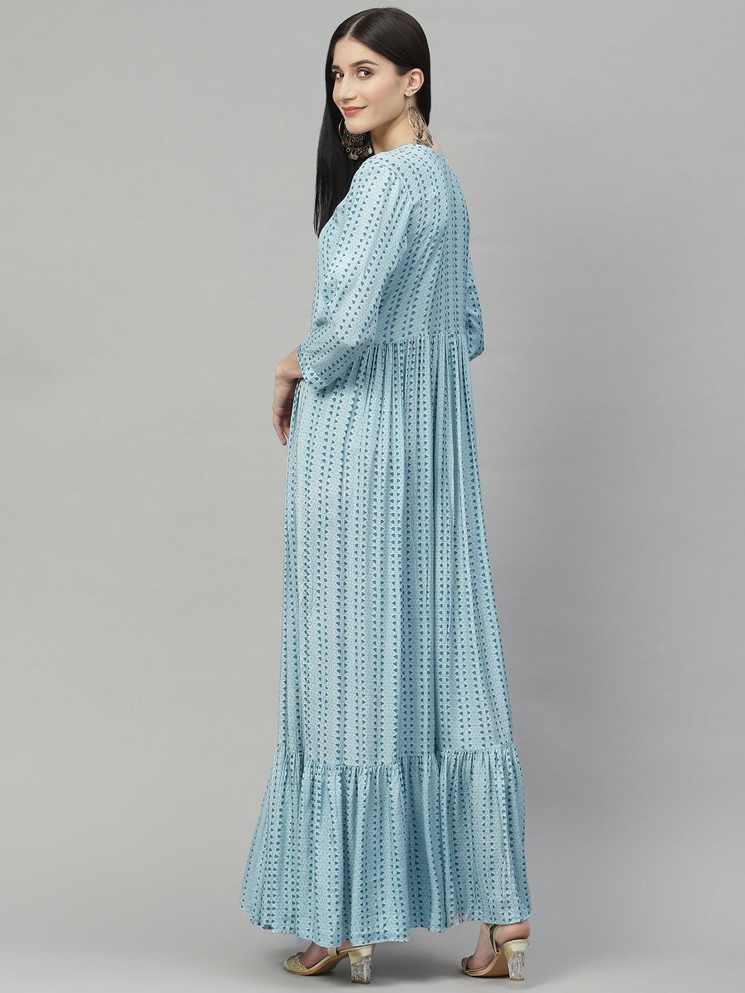 Jamal Jamaloo Blue Muslin Flared Gown - Jamal Jamalooworld.com