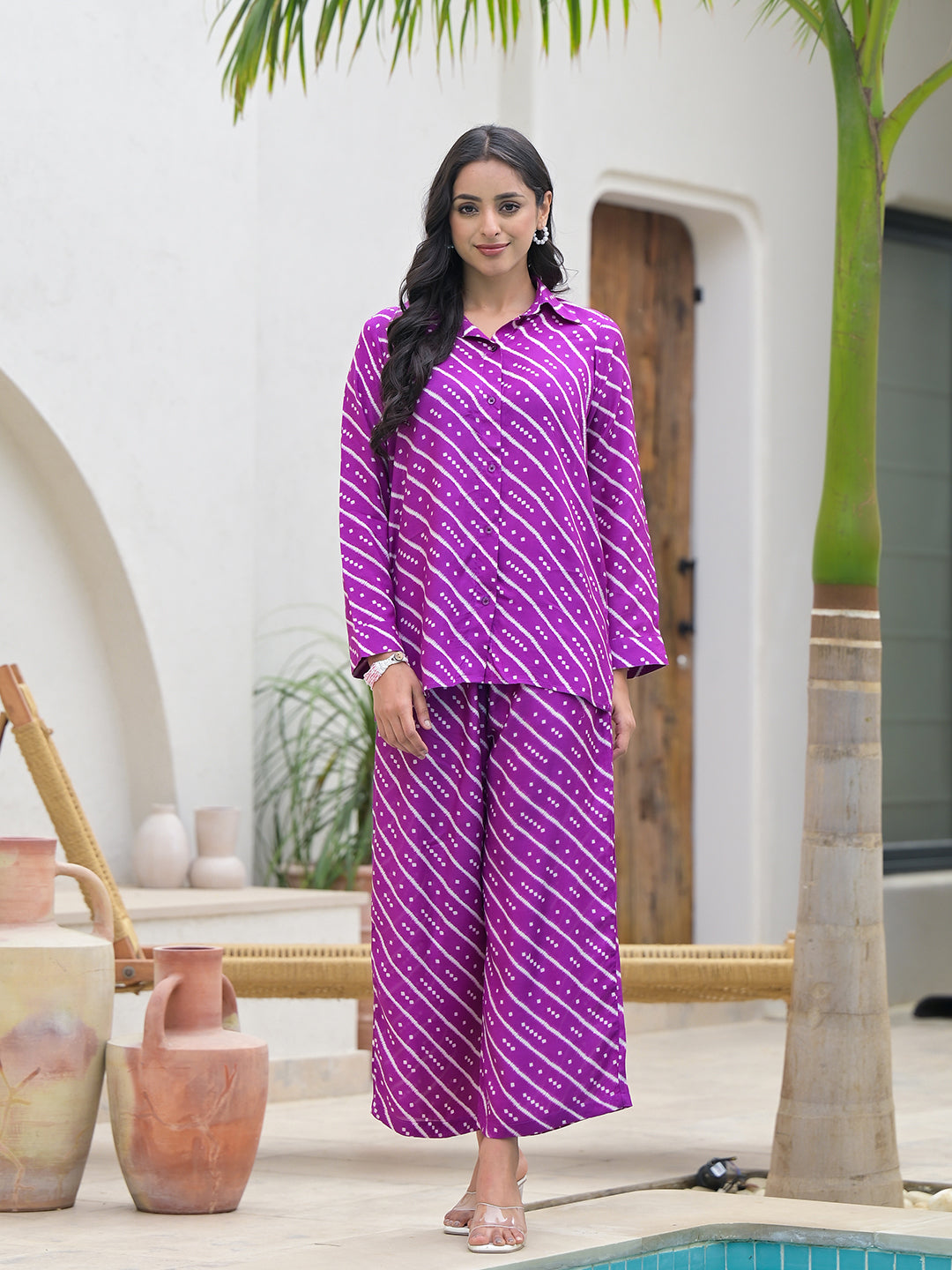 Purple Stripes Shirt With Trousers Co-Ords