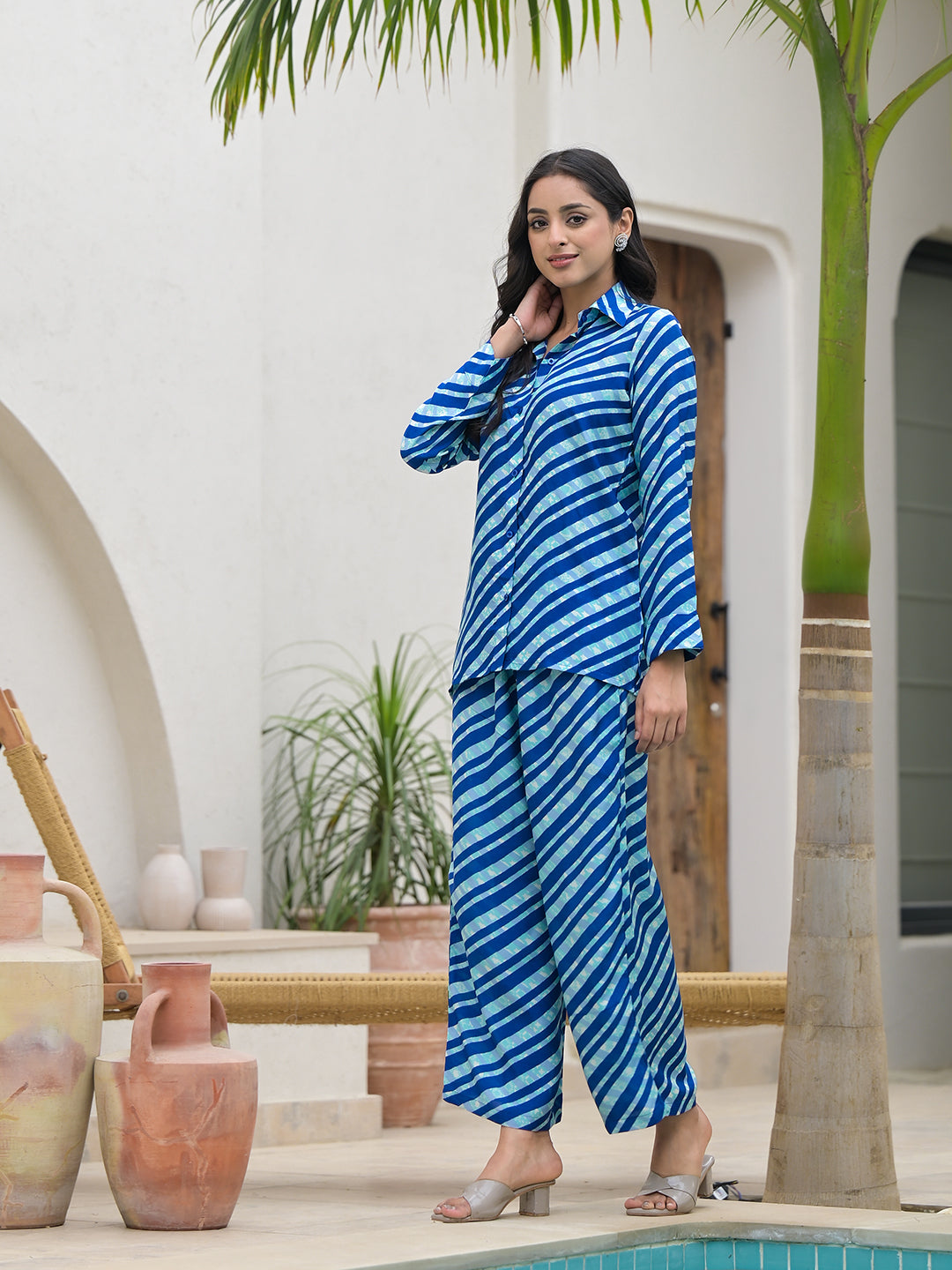 Blue Stripes Shirt With Trousers Co-Ords