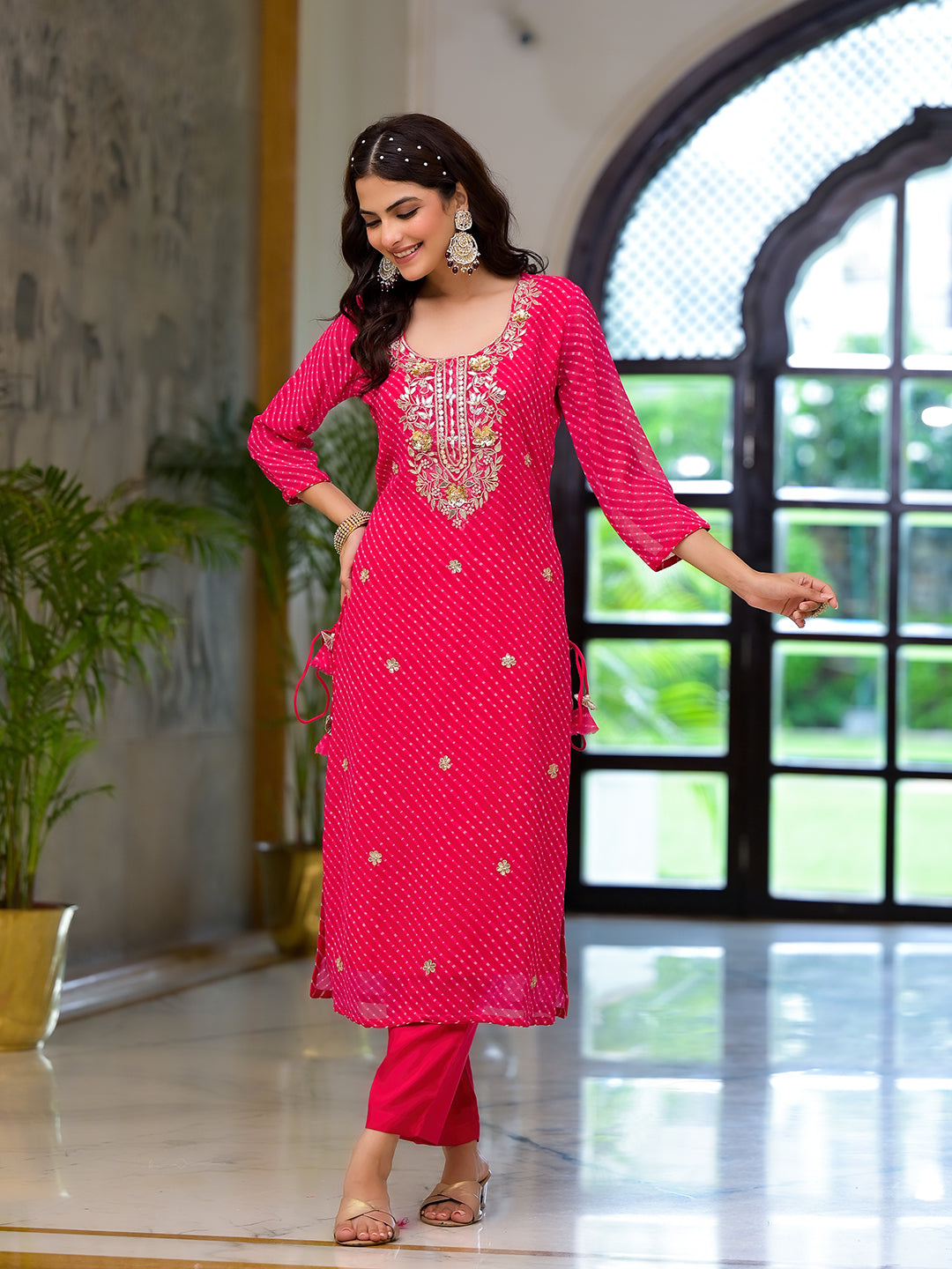Pink Leheriya Print Georgette Fabric Straight Kurta & Trouser with Dupatta