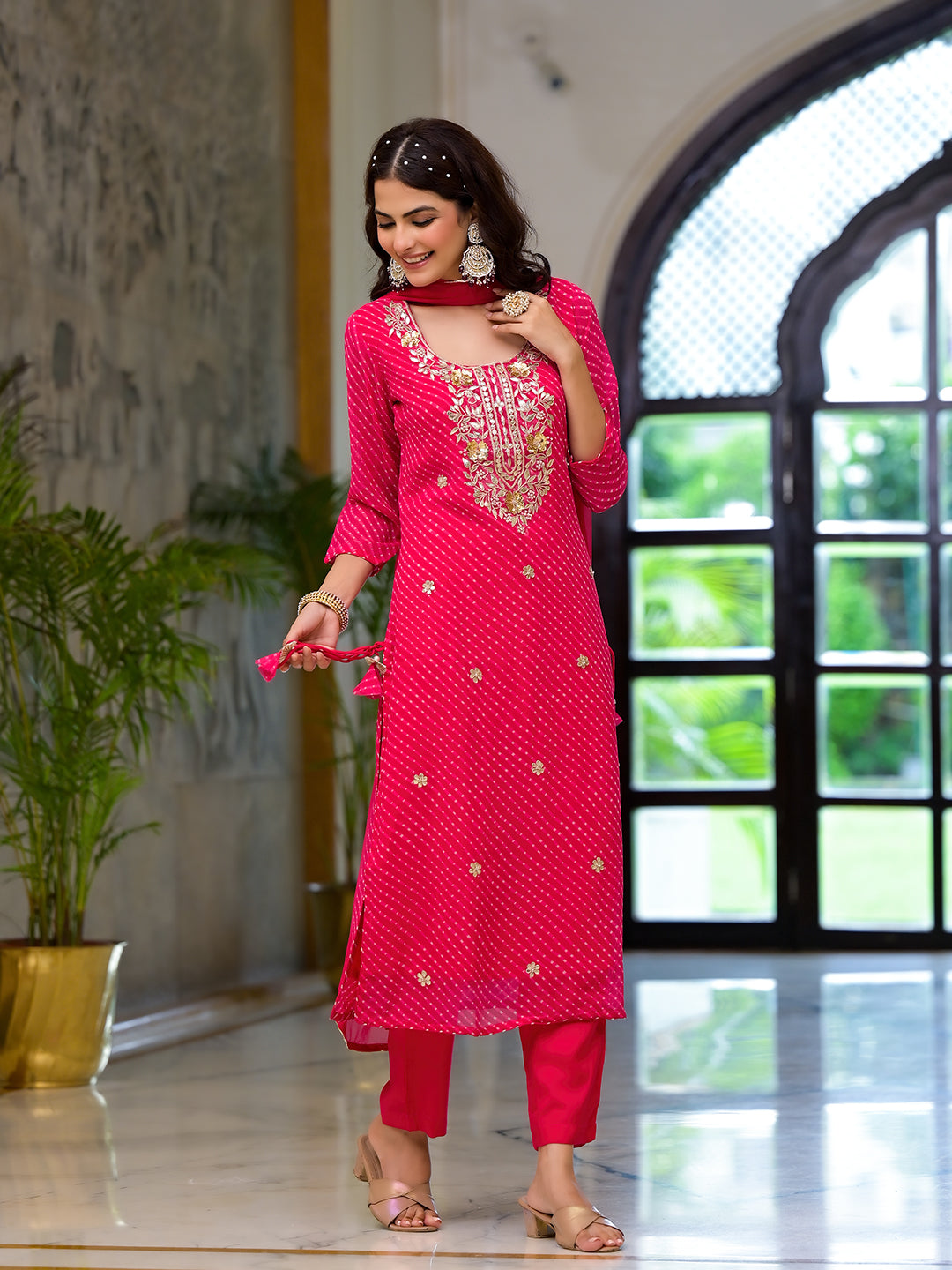 Pink Leheriya Print Georgette Fabric Straight Kurta & Trouser with Dupatta