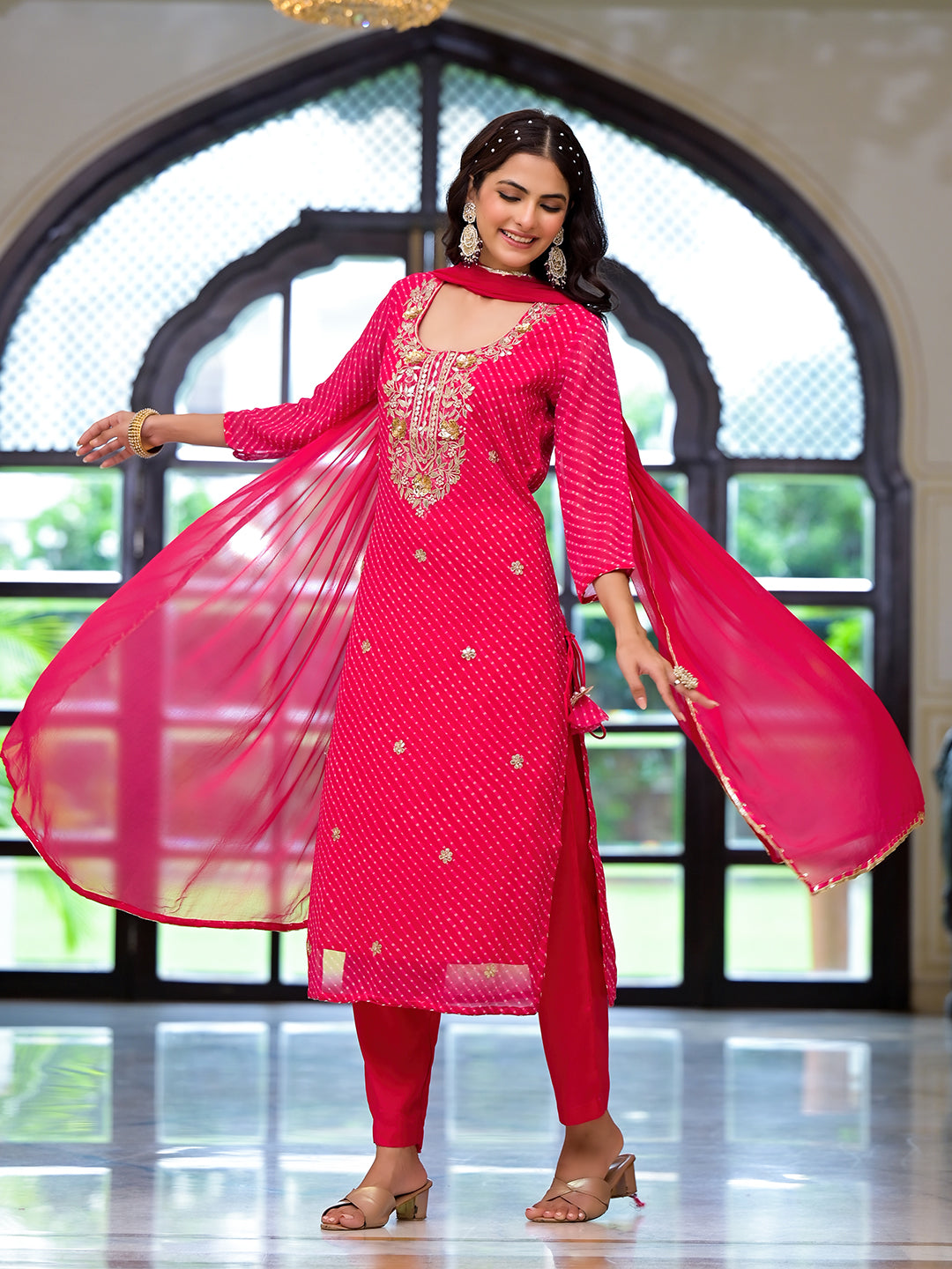 Pink Leheriya Print Georgette Fabric Straight Kurta & Trouser with Dupatta