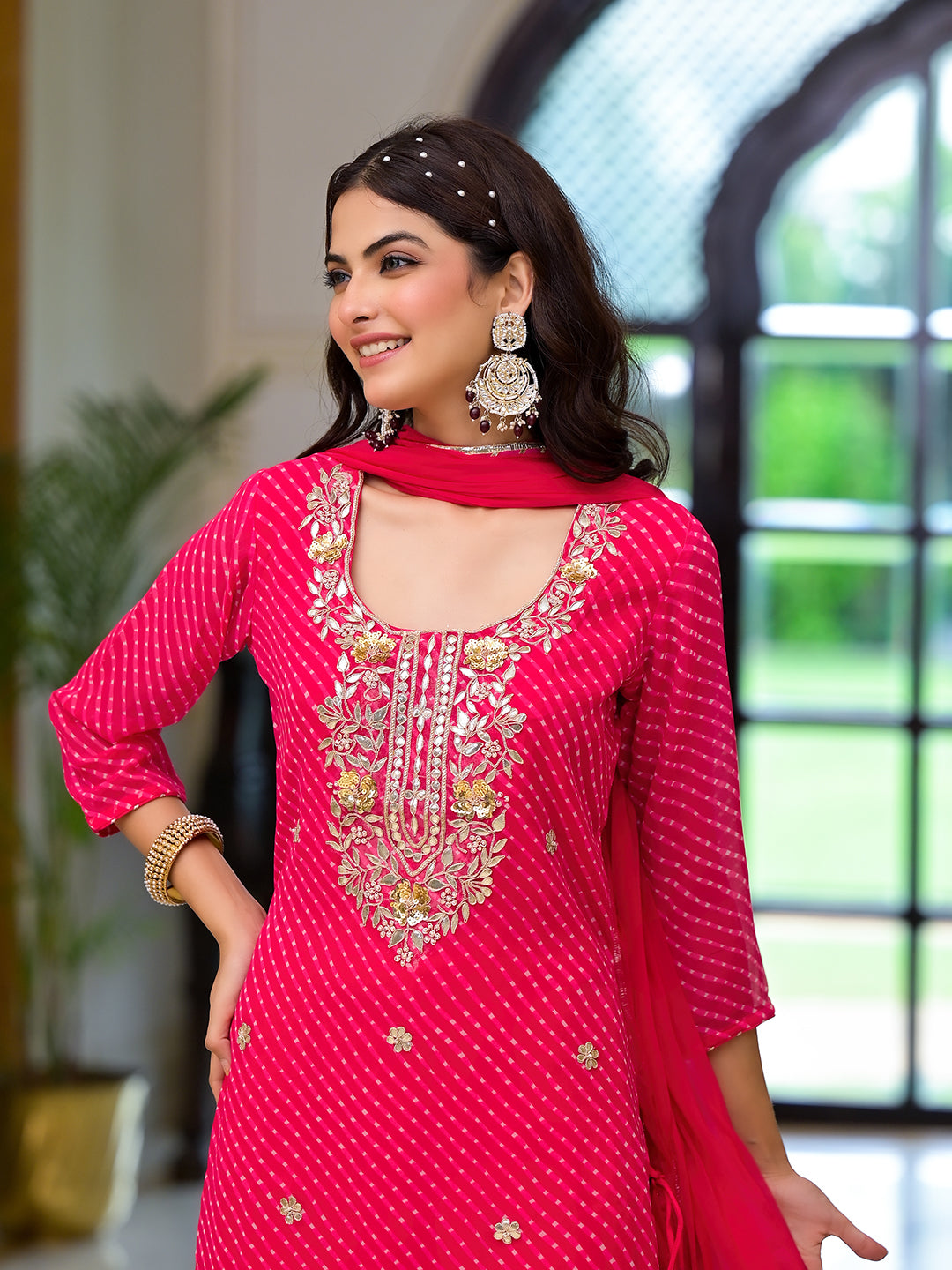 Pink Leheriya Print Georgette Fabric Straight Kurta & Trouser with Dupatta