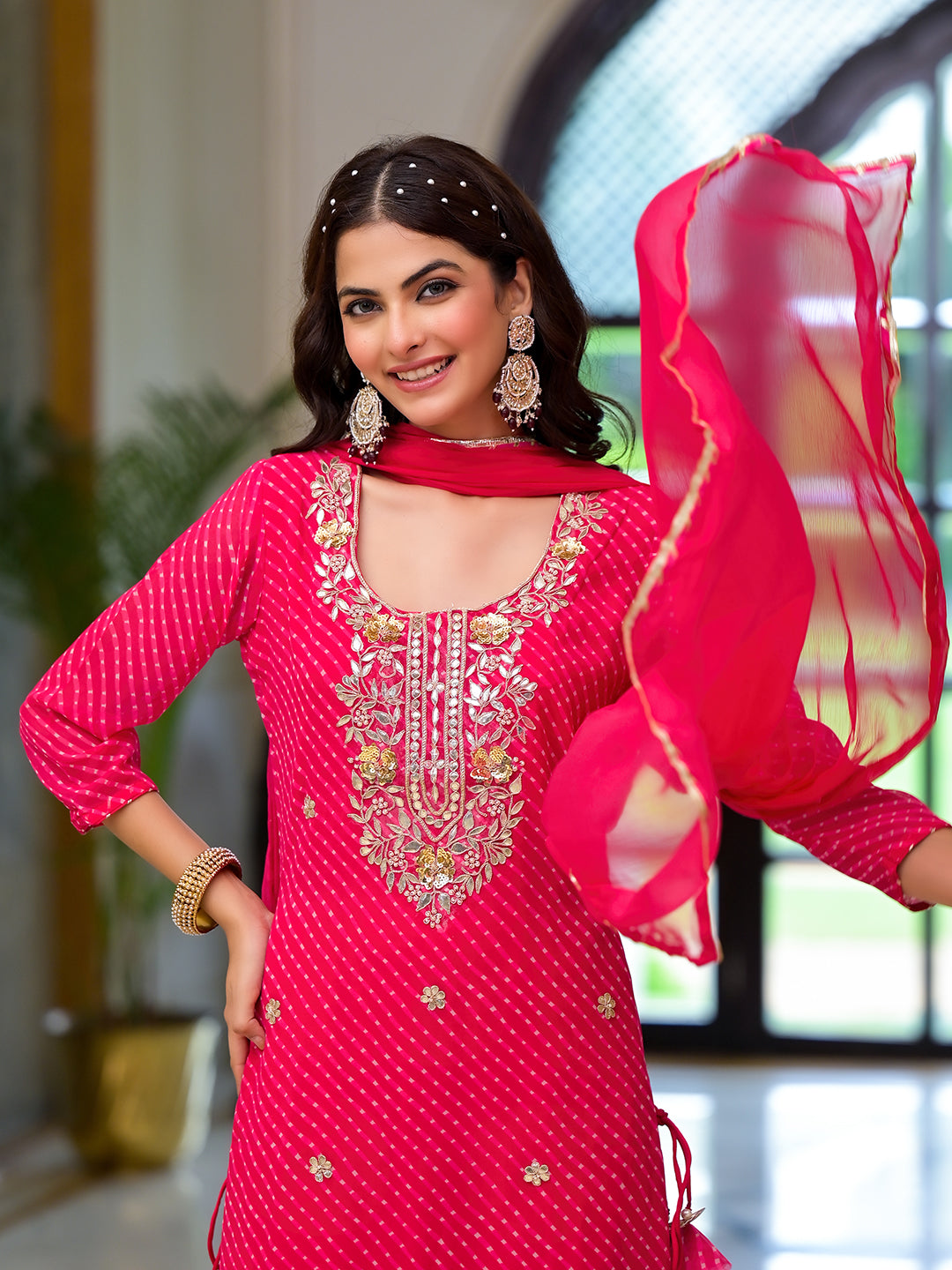 Pink Leheriya Print Georgette Fabric Straight Kurta & Trouser with Dupatta