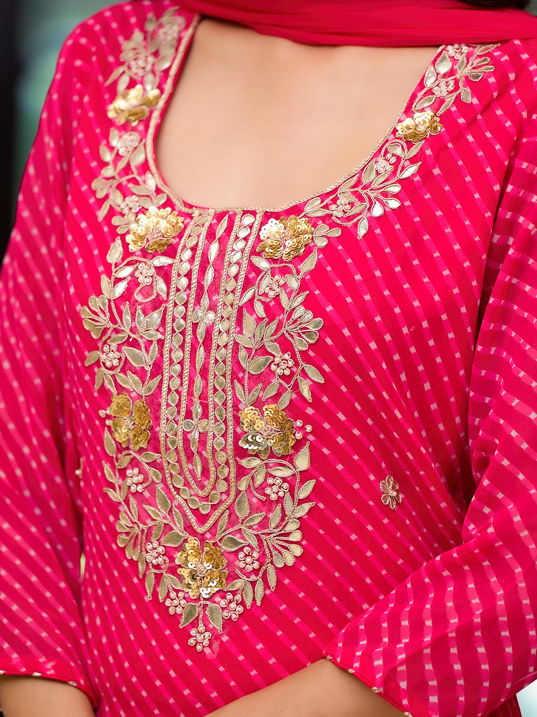 Pink Leheriya Print Georgette Fabric Straight Kurta & Trouser with Dupatta