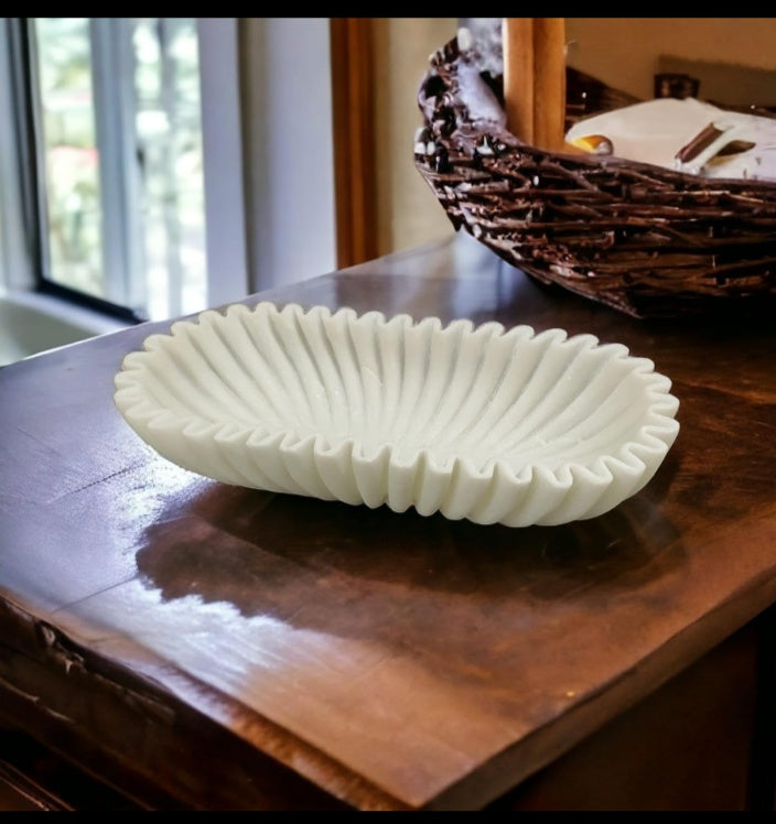 White Ruffle Marble Oval Shaped Bowl
