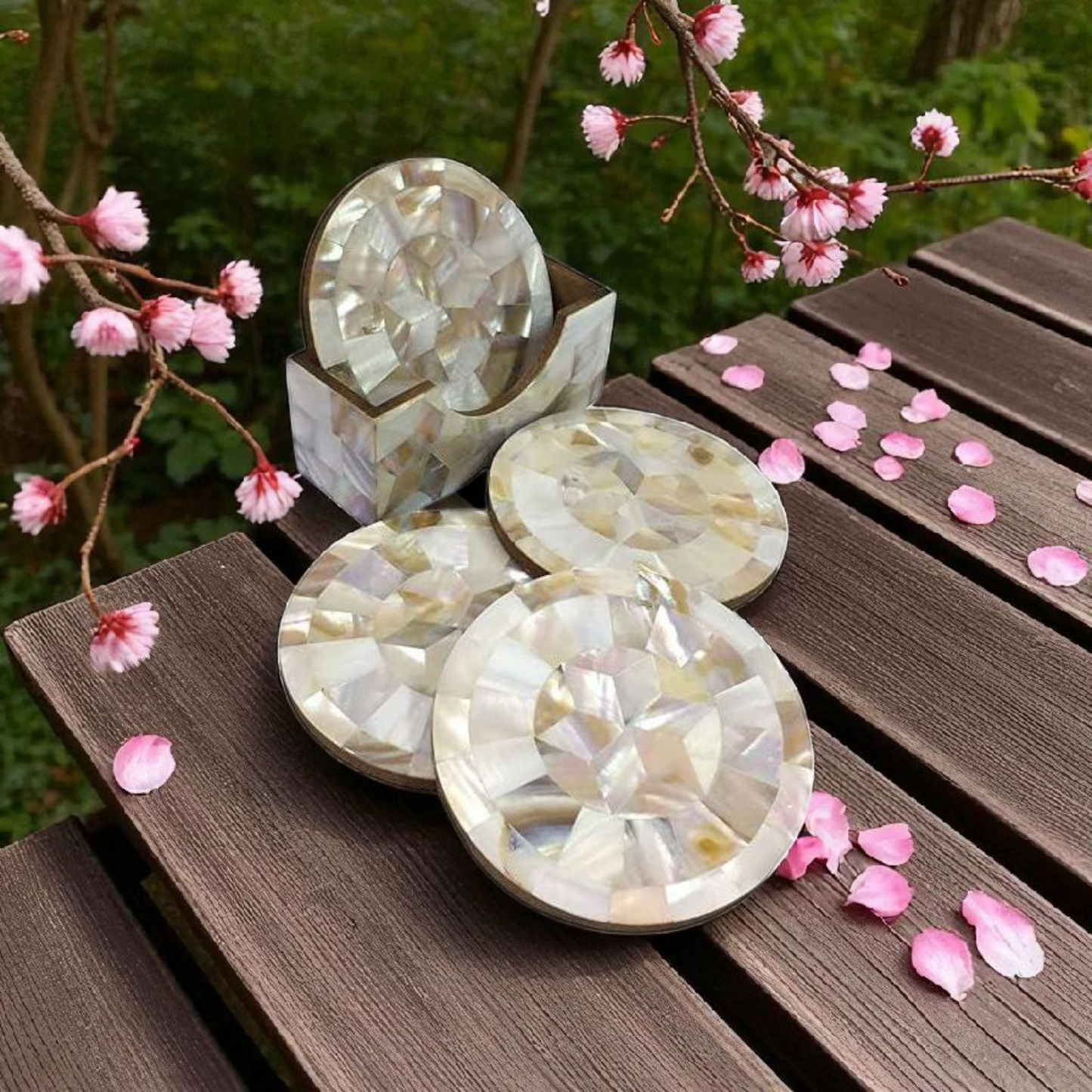 Mother of Pearl Wooden Inlay Coaster Set (with Holder)