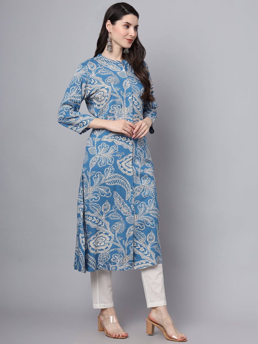 Blue Rayon Printed-A-Line Kurta