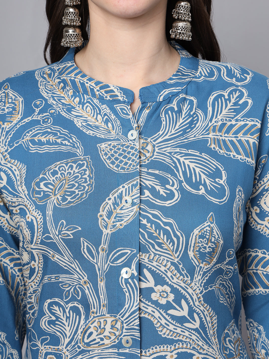 Blue Rayon Printed-A-Line Kurta
