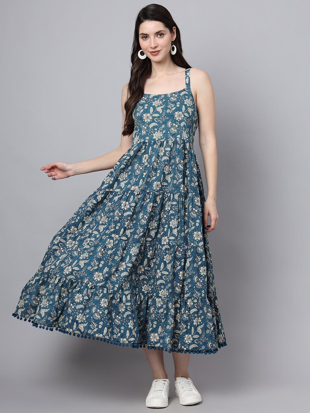 Floral Printed Shoulder Straps Cotton Flared Dress