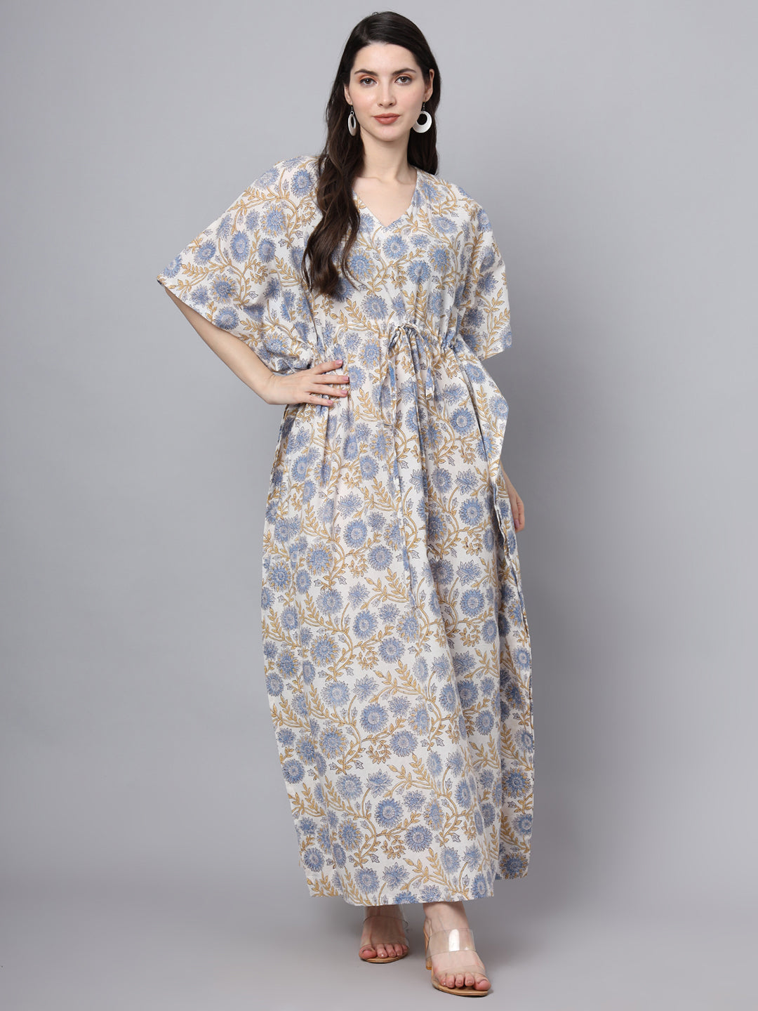White And Blue Floral Print Kaftan