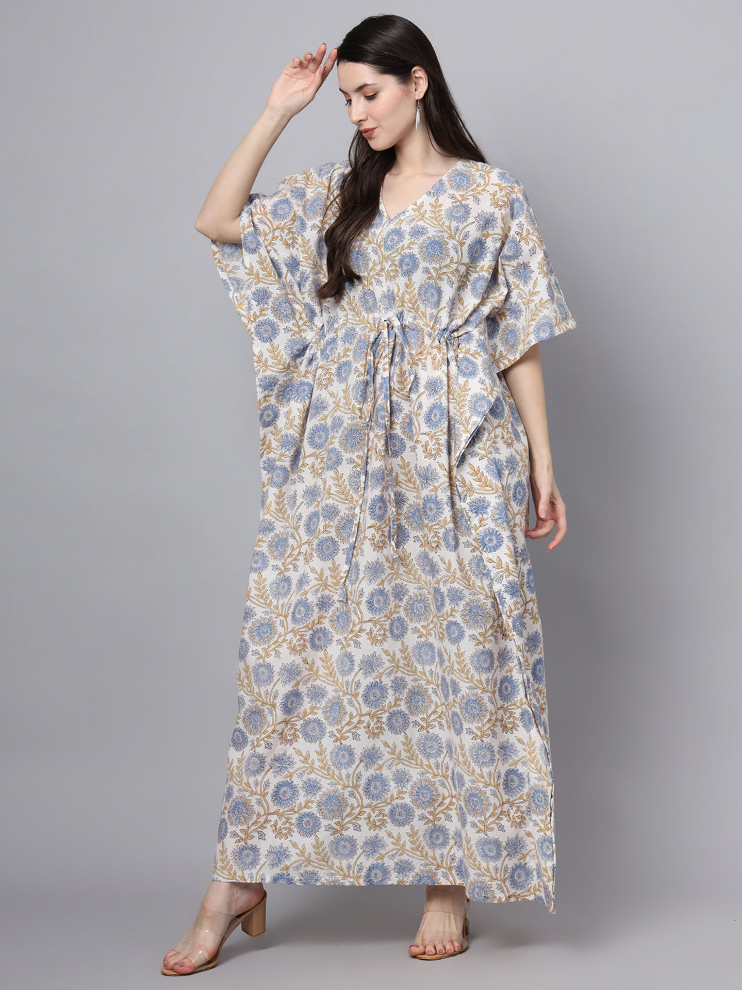 White And Blue Floral Print Kaftan