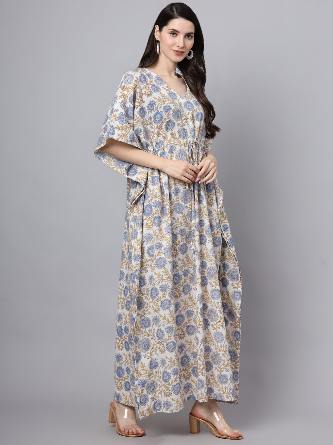 White And Blue Floral Print Kaftan