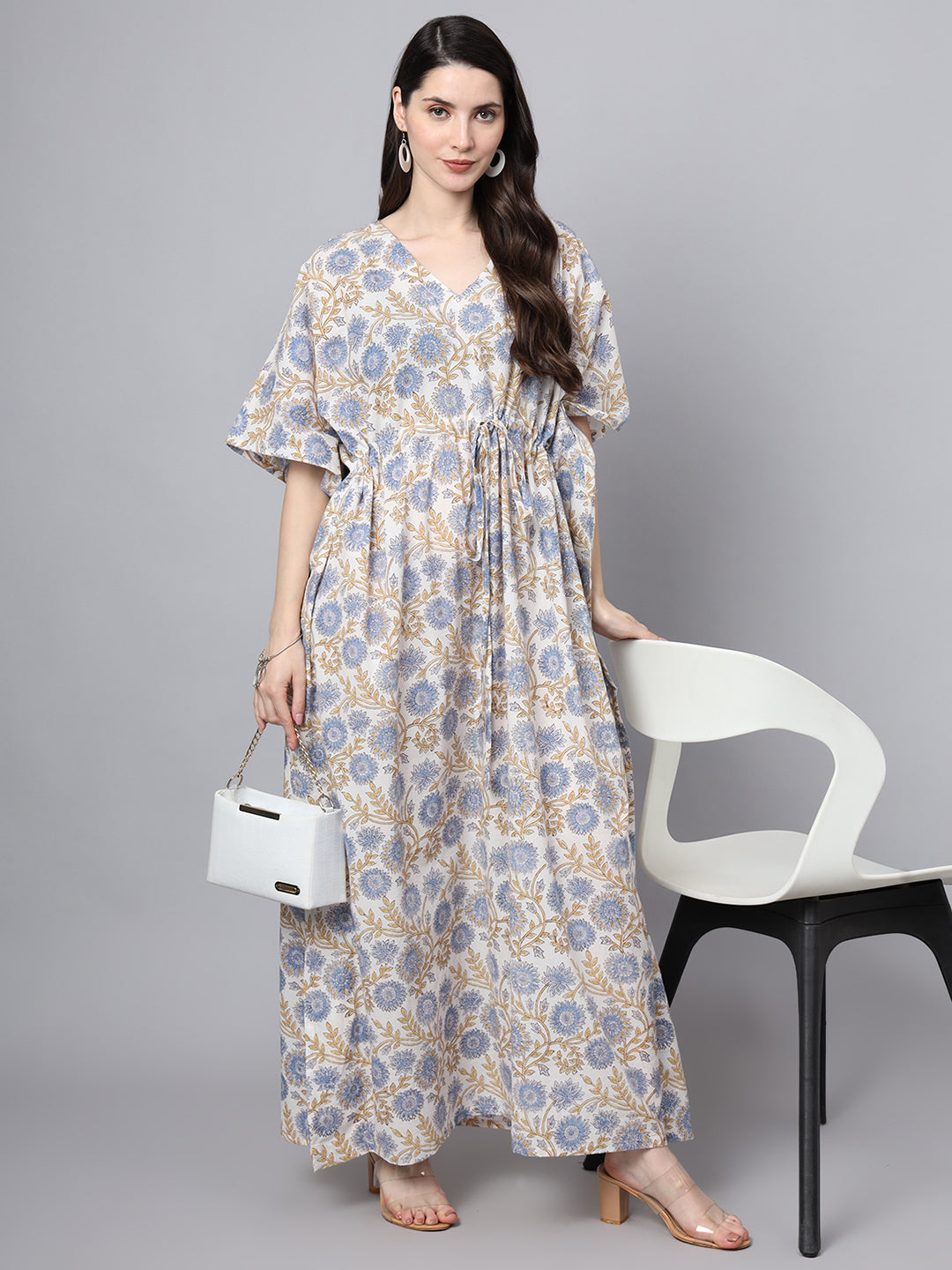 White And Blue Floral Print Kaftan