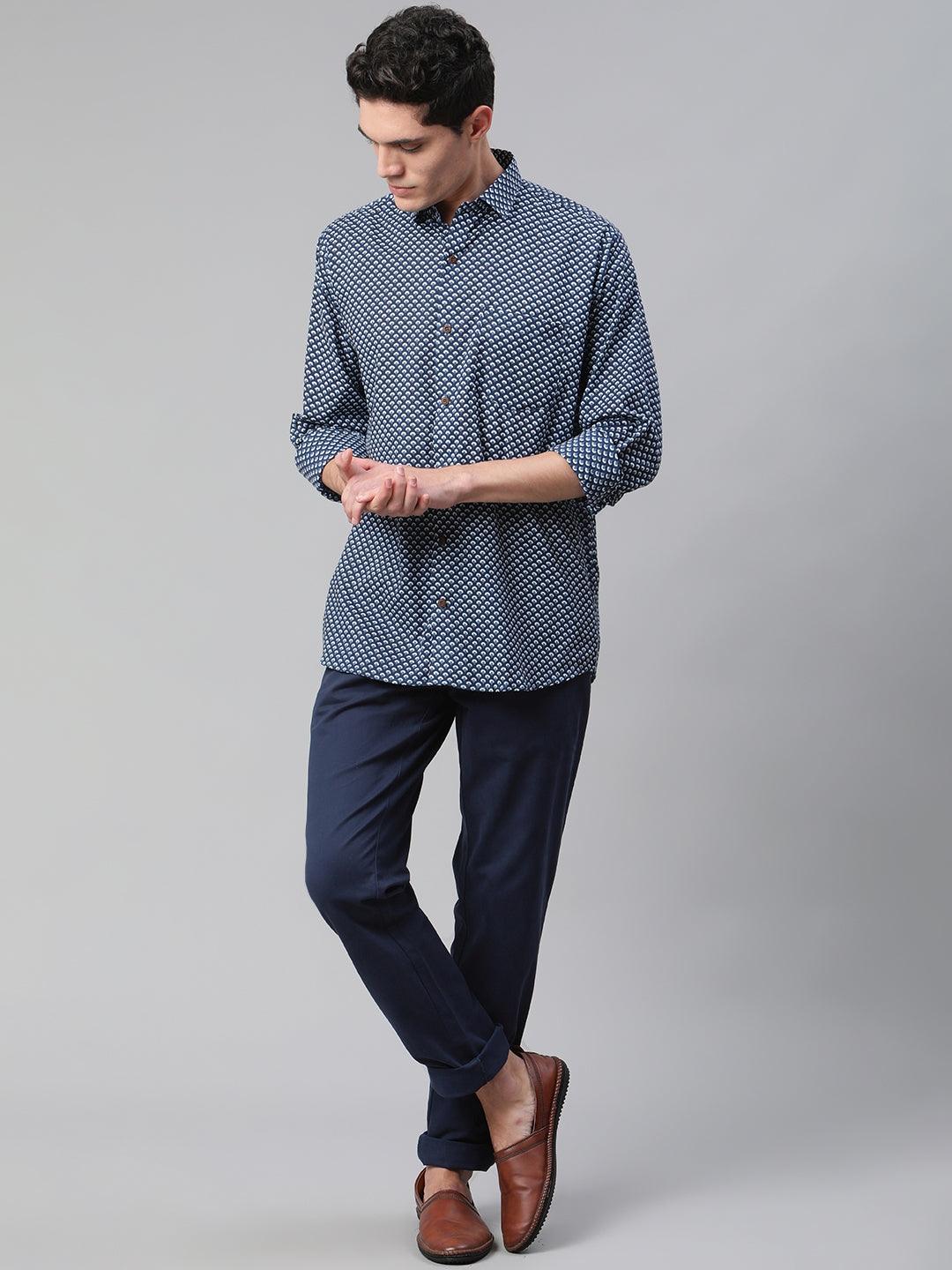 Millennial Men Indigo Blue & White Cotton Full Sleeve Shirt for Men-MMF0272 - Jamal Jamalooworld.com