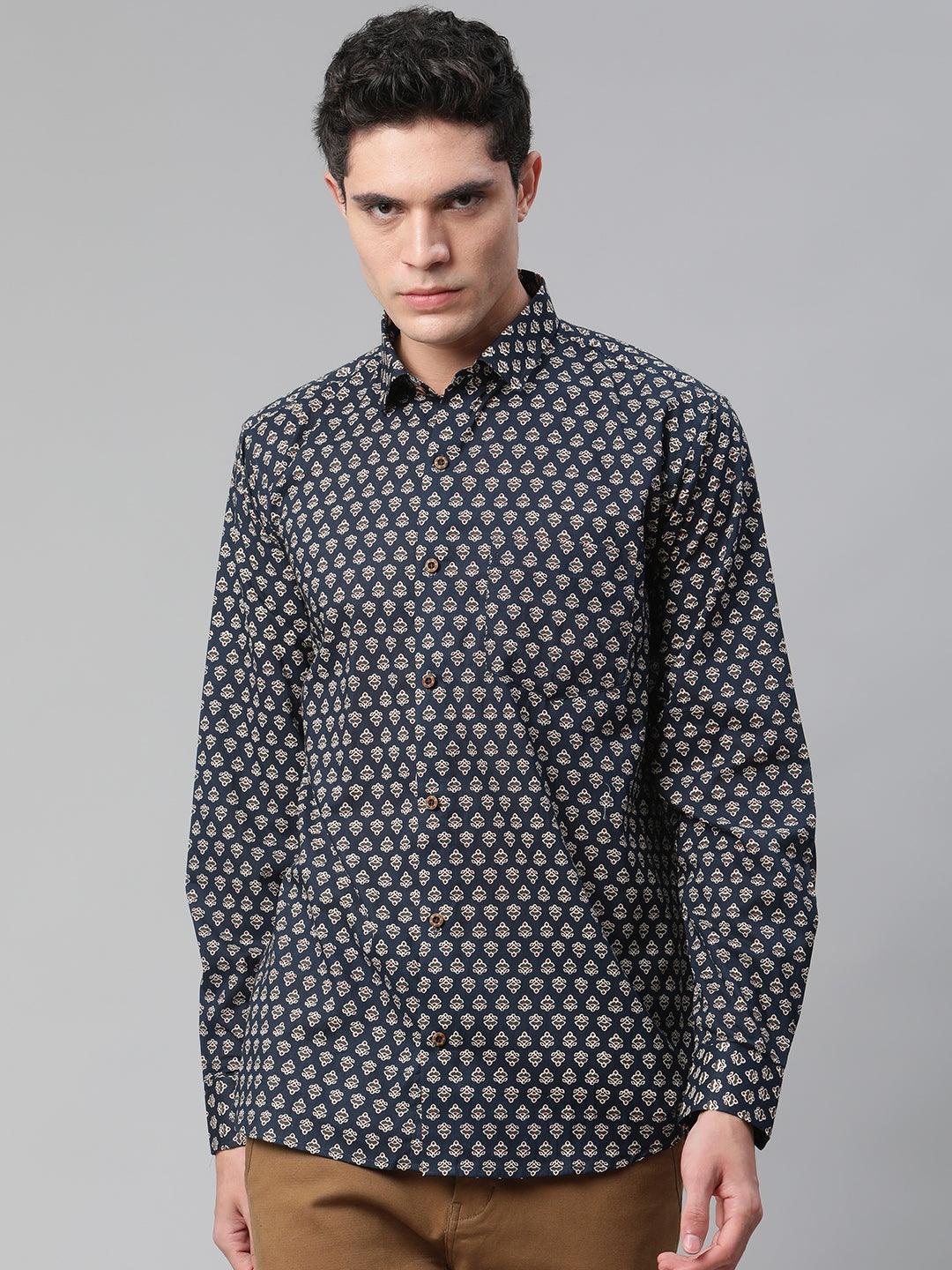 Millennial Men Navy Blue & Cream Cotton Full Sleeve Shirt for Men-MMF0281 - Jamal Jamalooworld.com