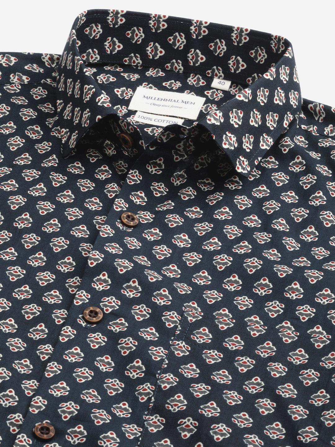 Millennial Men Navy Blue & Cream Cotton Full Sleeve Shirt for Men-MMF0281 - Jamal Jamalooworld.com