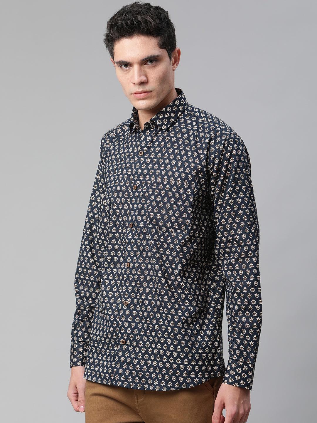 Millennial Men Navy Blue & Cream Cotton Full Sleeve Shirt for Men-MMF0281 - Jamal Jamalooworld.com