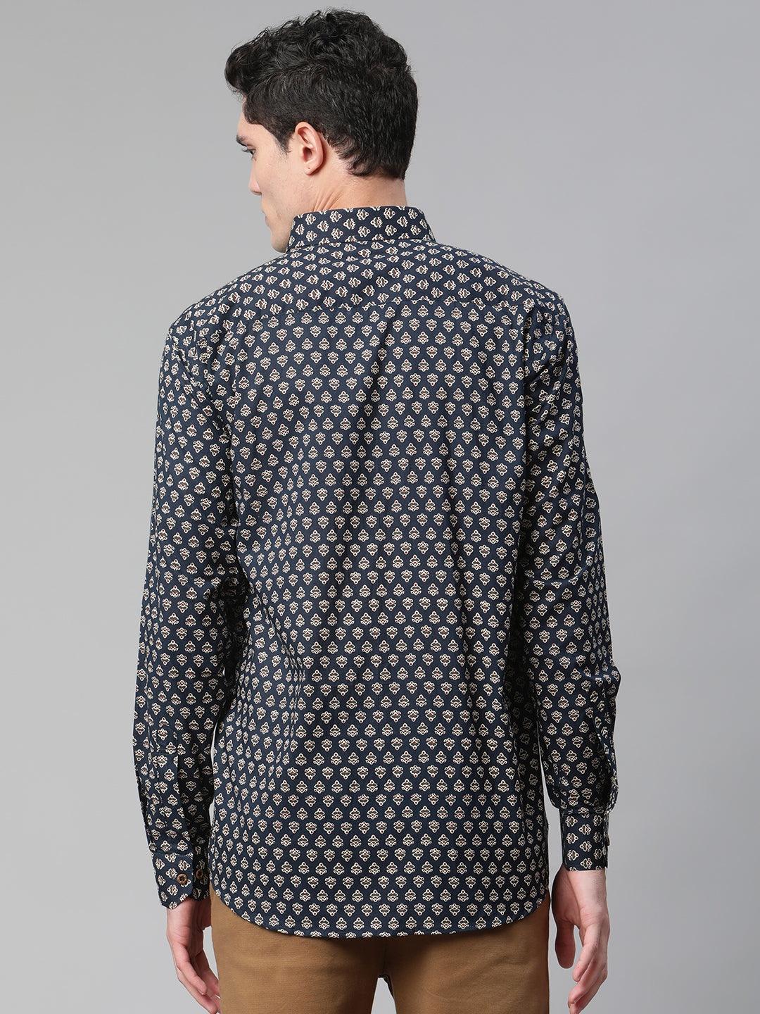 Millennial Men Navy Blue & Cream Cotton Full Sleeve Shirt for Men-MMF0281 - Jamal Jamalooworld.com