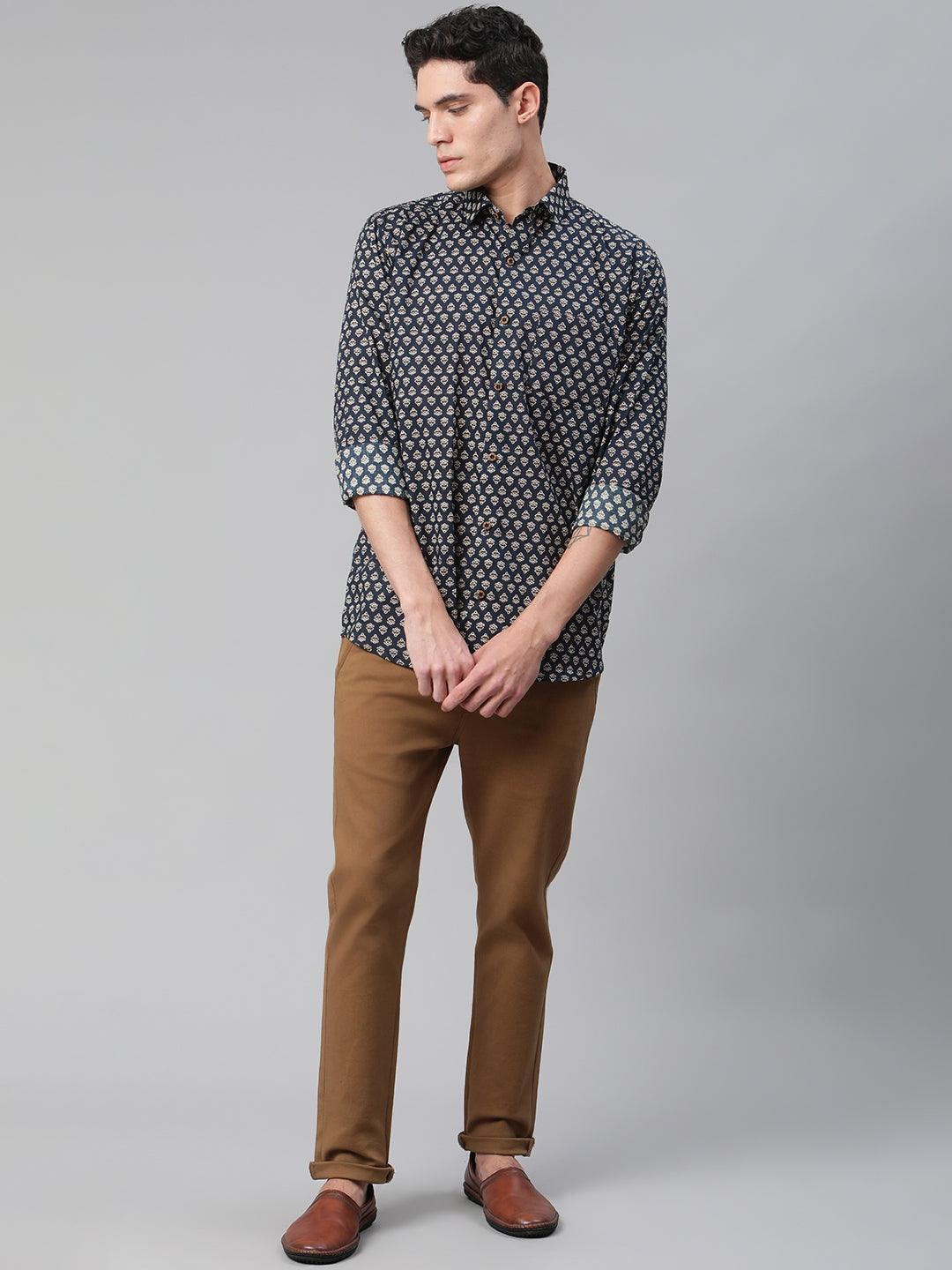 Millennial Men Navy Blue & Cream Cotton Full Sleeve Shirt for Men-MMF0281 - Jamal Jamalooworld.com