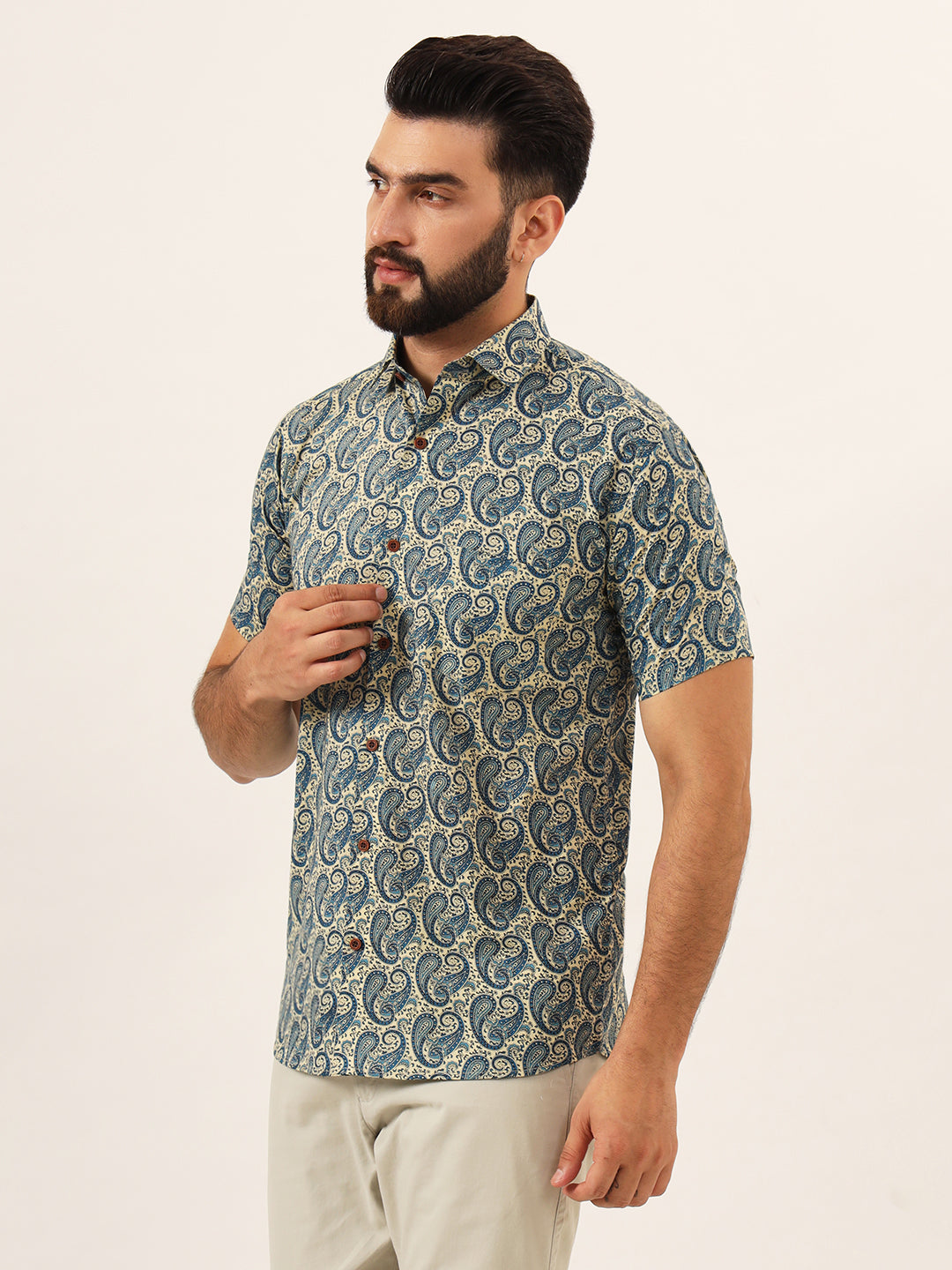 MEN Beige Paisley Print Pure Cotton Regular Fit Casual Full Sleeve