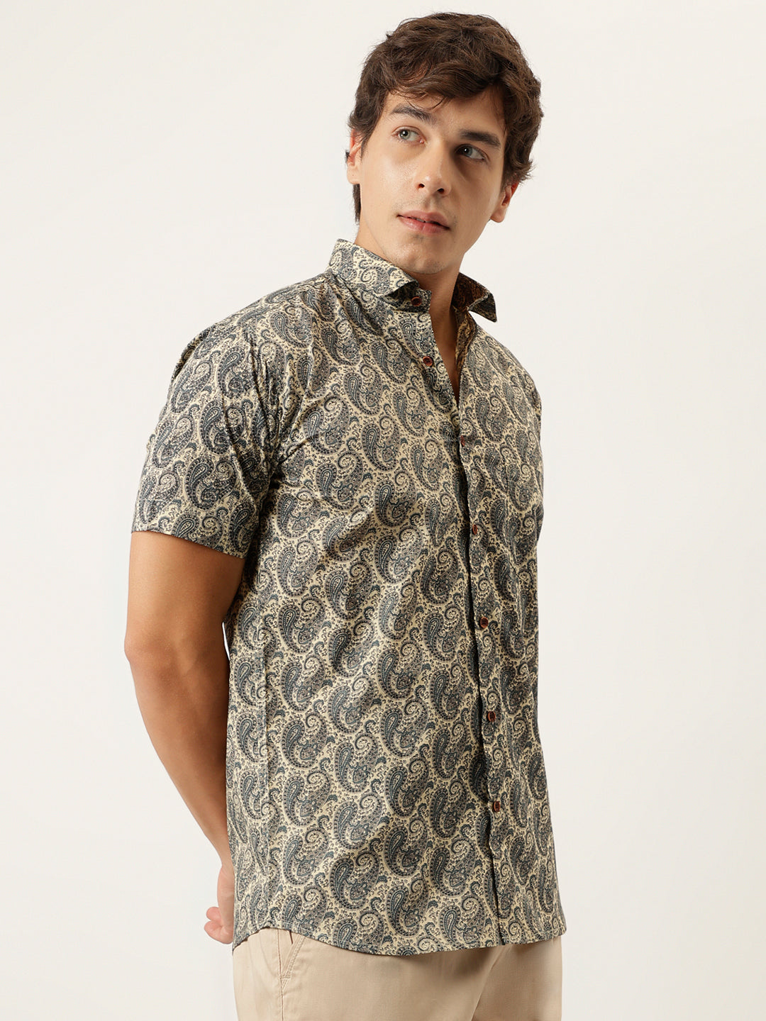 Men Beige and navy Printed Cotton Half Sleeve Shirts