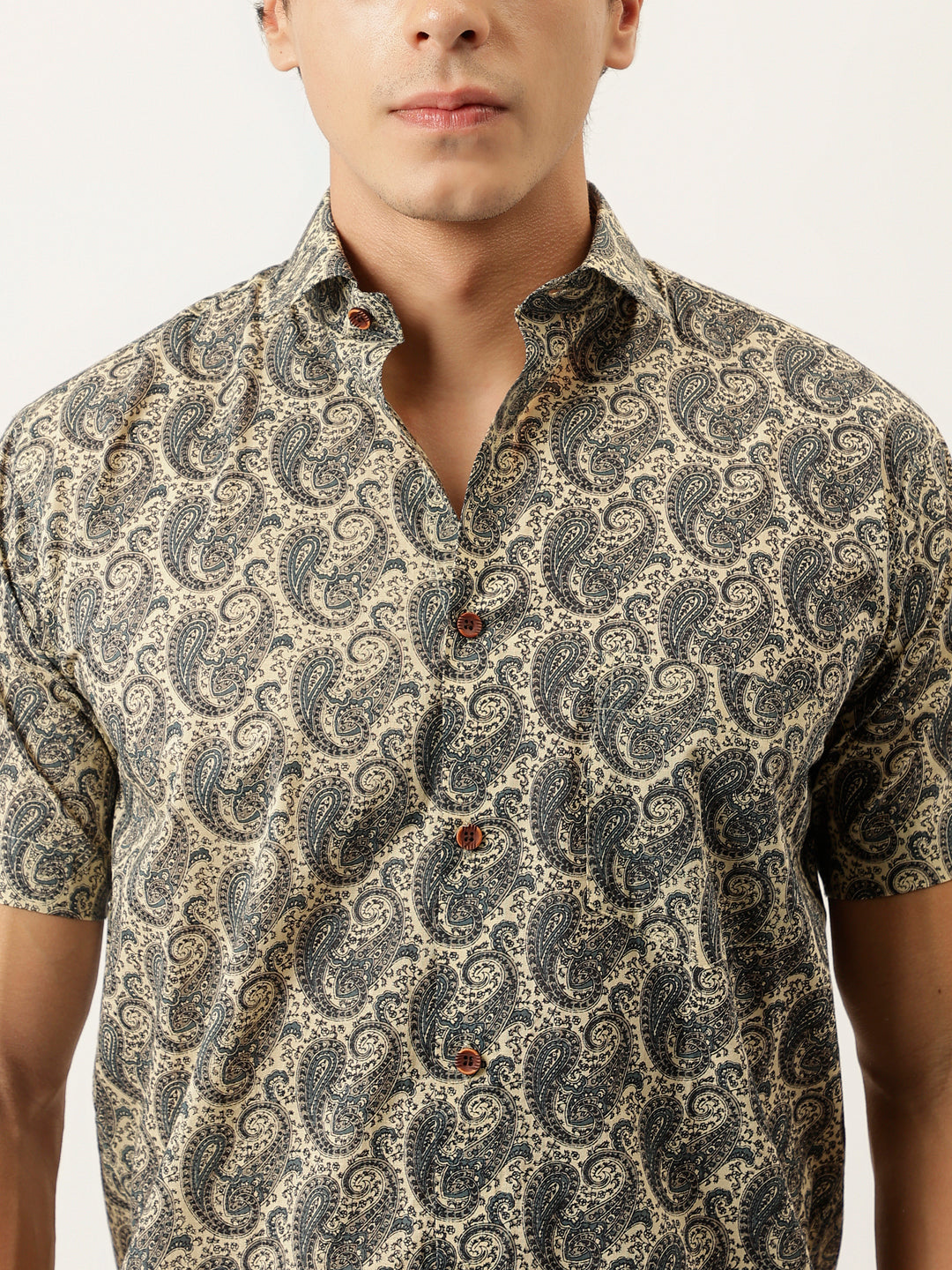 Men Beige and navy Printed Cotton Half Sleeve Shirts