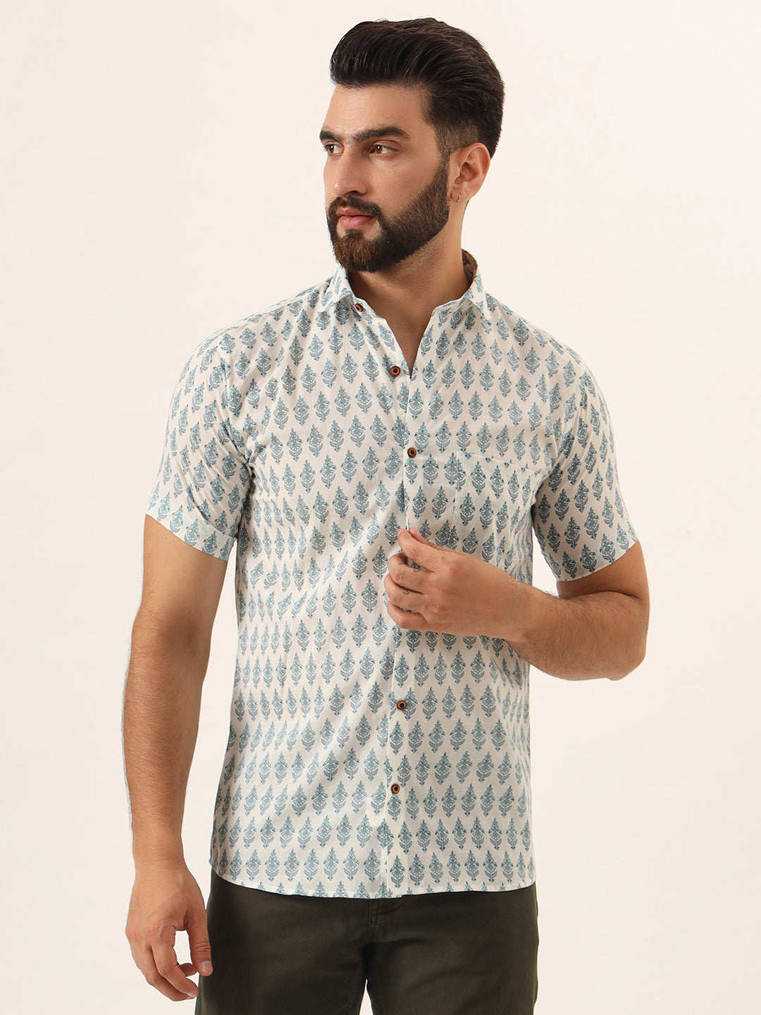MILLENNIAL MEN Sky Blue Geometric Pure Cotton Regular Fit Casual Half Sleeve for Men