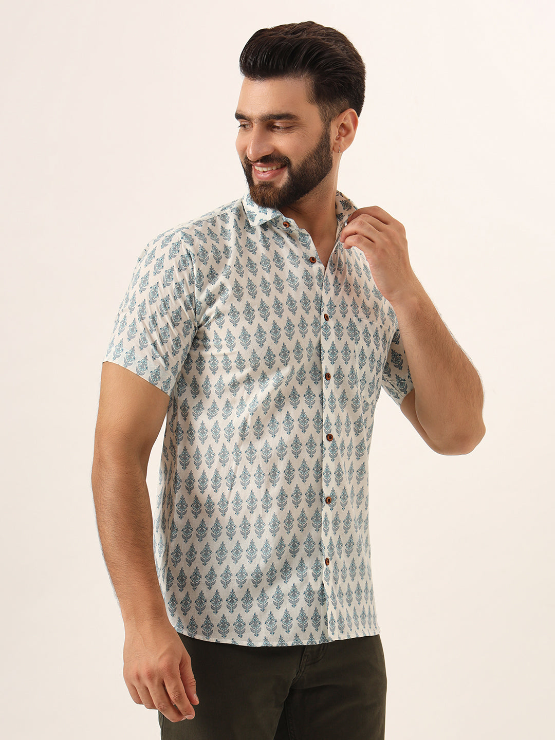 MILLENNIAL MEN Sky Blue Geometric Pure Cotton Regular Fit Casual Half Sleeve for Men