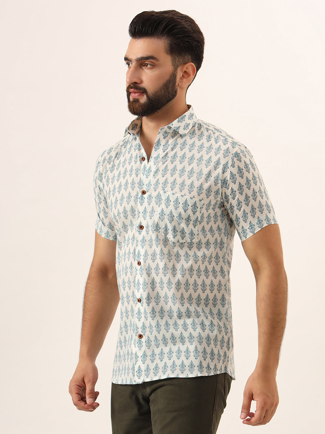 MILLENNIAL MEN Sky Blue Geometric Pure Cotton Regular Fit Casual Half Sleeve for Men