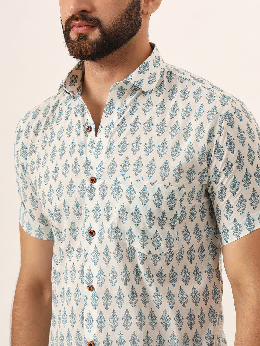 MILLENNIAL MEN Sky Blue Geometric Pure Cotton Regular Fit Casual Half Sleeve for Men