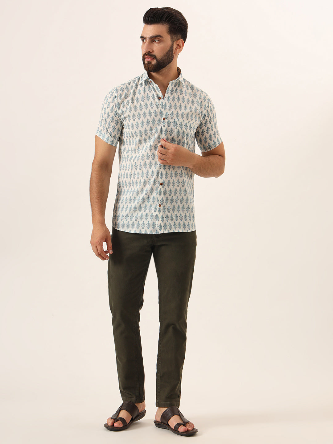 MILLENNIAL MEN Sky Blue Geometric Pure Cotton Regular Fit Casual Half Sleeve for Men