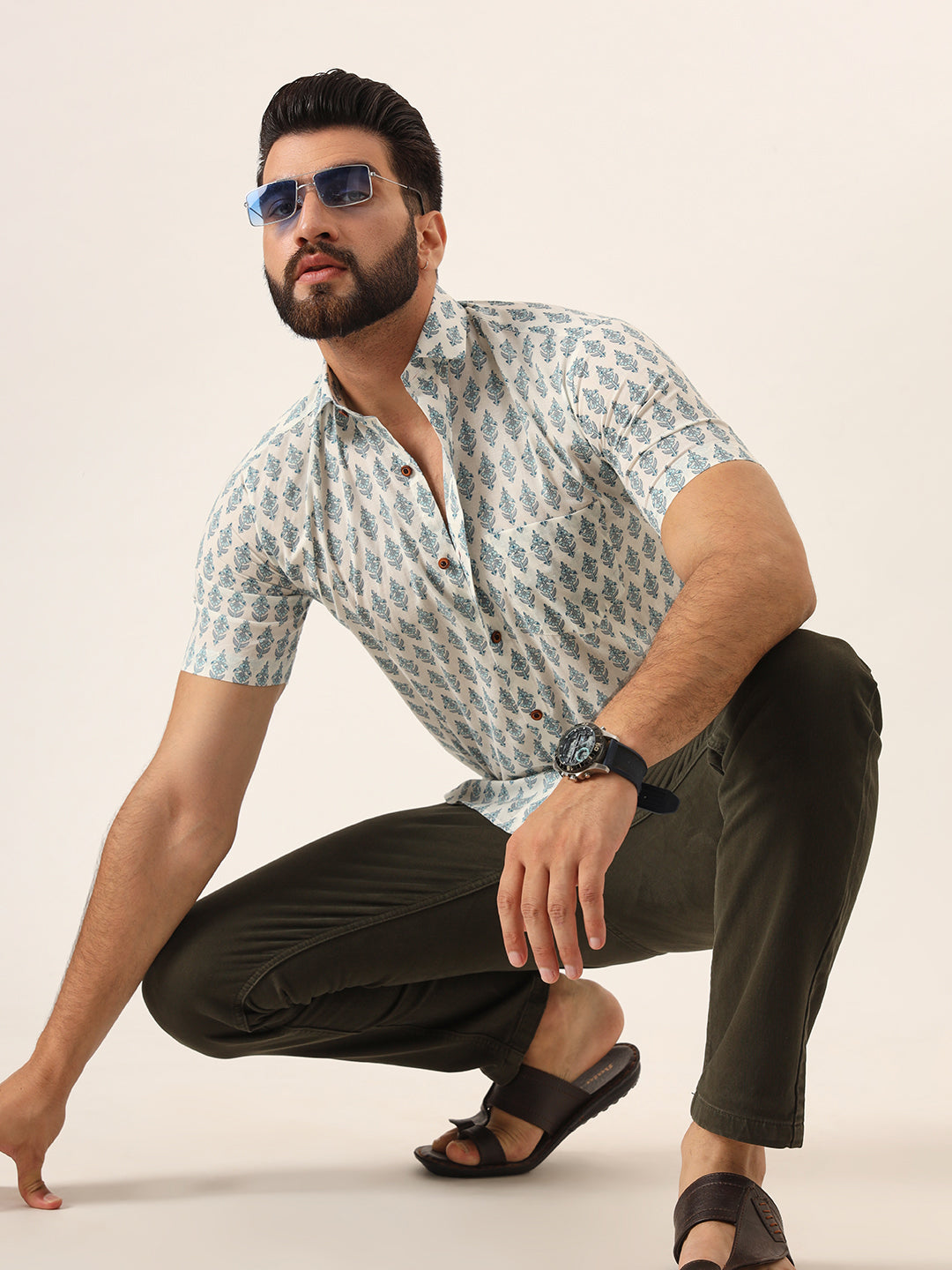 MILLENNIAL MEN Sky Blue Geometric Pure Cotton Regular Fit Casual Half Sleeve for Men