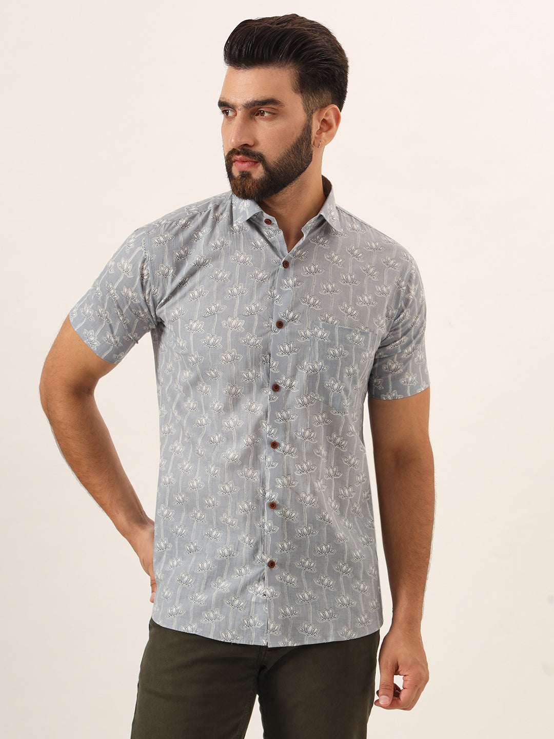MILLENNIAL MEN Grey Printed Pure Cotton Regular Fit Casual Half Sleeve for Men
