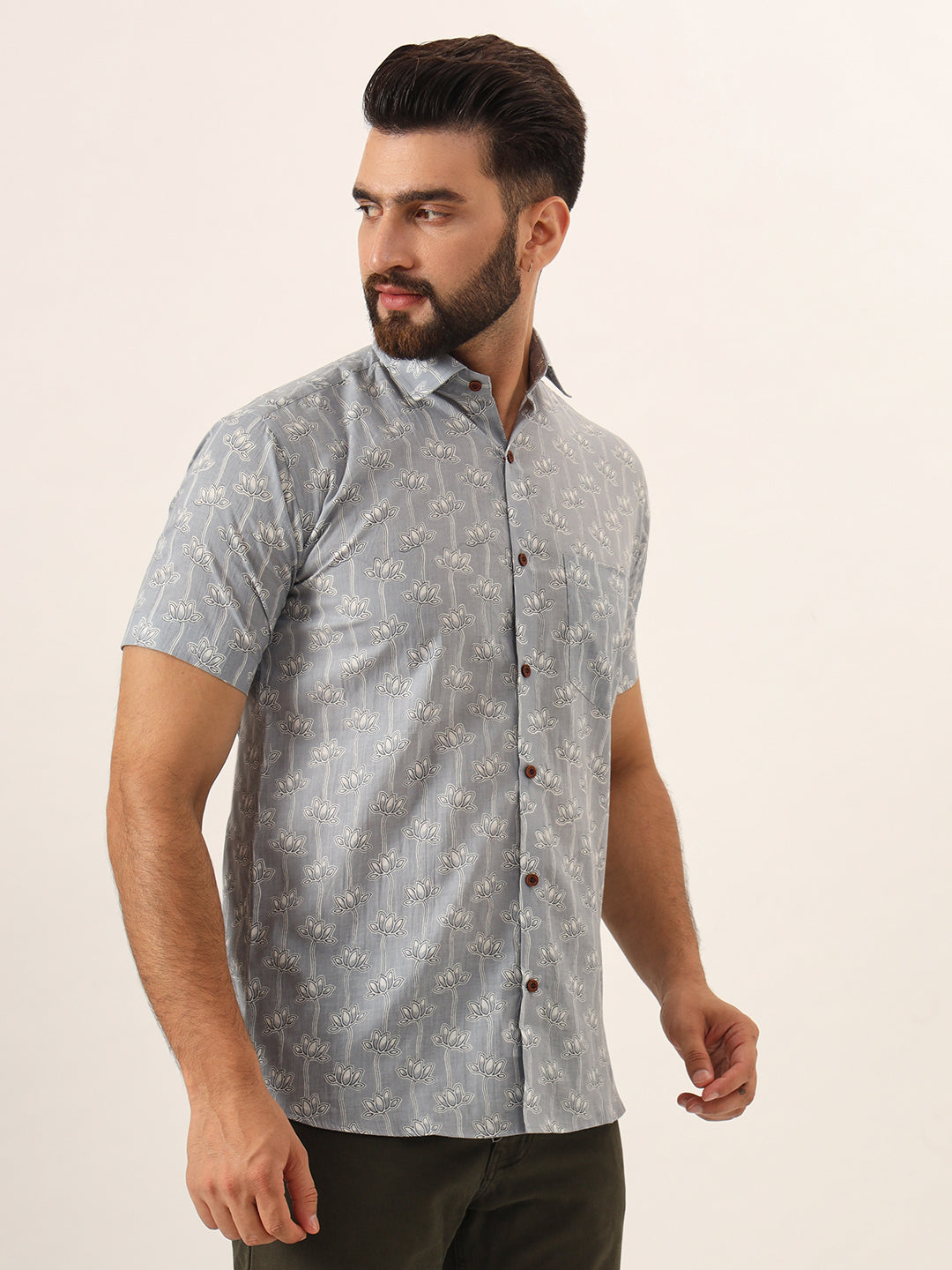 MILLENNIAL MEN Grey Printed Pure Cotton Regular Fit Casual Half Sleeve for Men