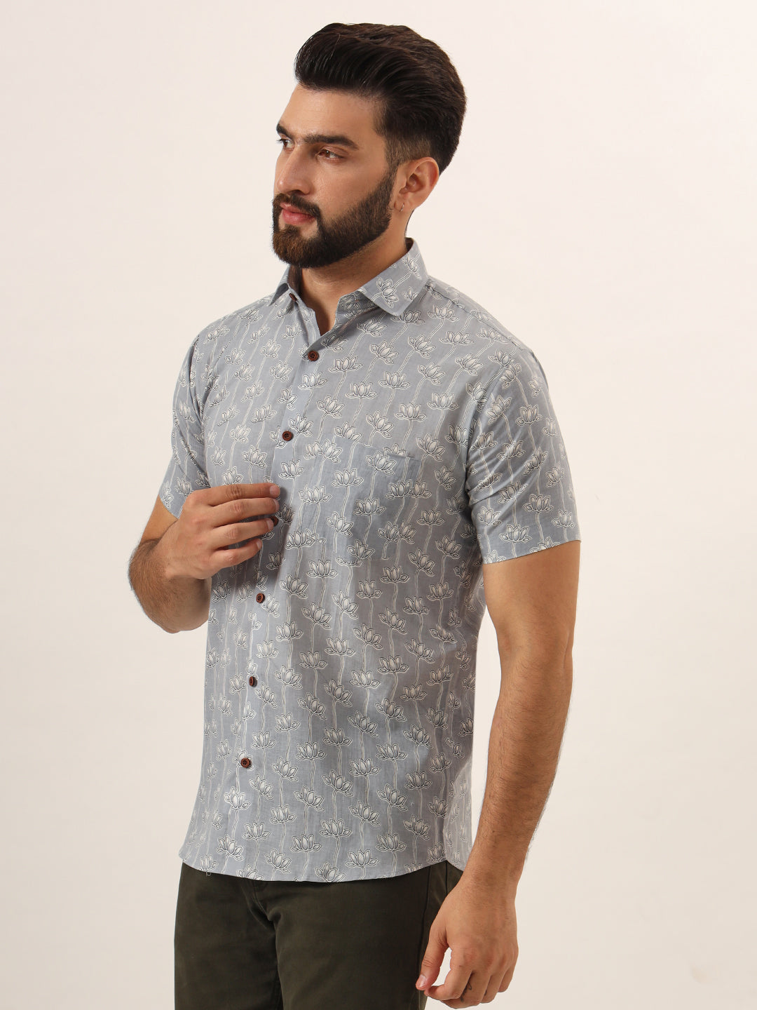 MILLENNIAL MEN Grey Printed Pure Cotton Regular Fit Casual Half Sleeve for Men