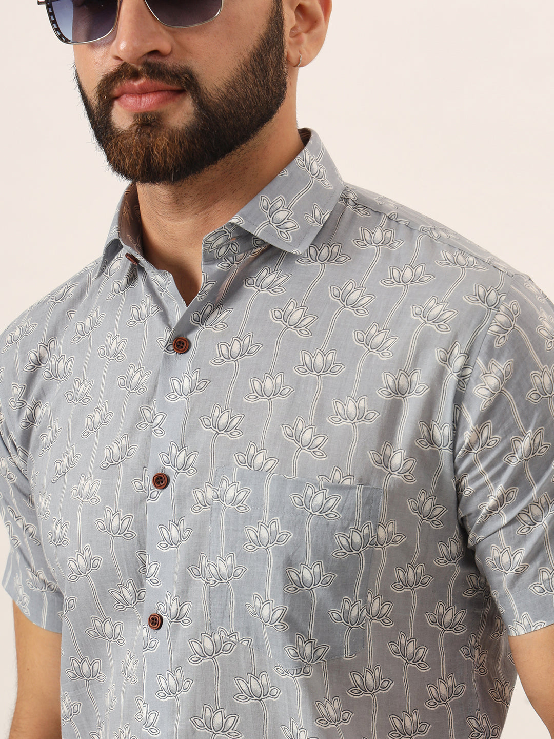 MILLENNIAL MEN Grey Printed Pure Cotton Regular Fit Casual Half Sleeve for Men