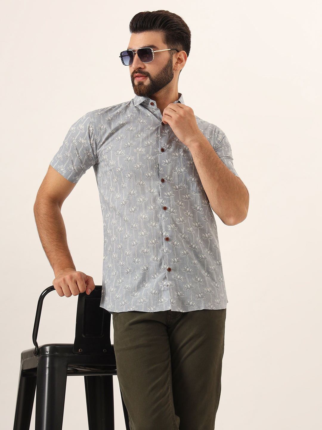 MILLENNIAL MEN Grey Printed Pure Cotton Regular Fit Casual Half Sleeve for Men