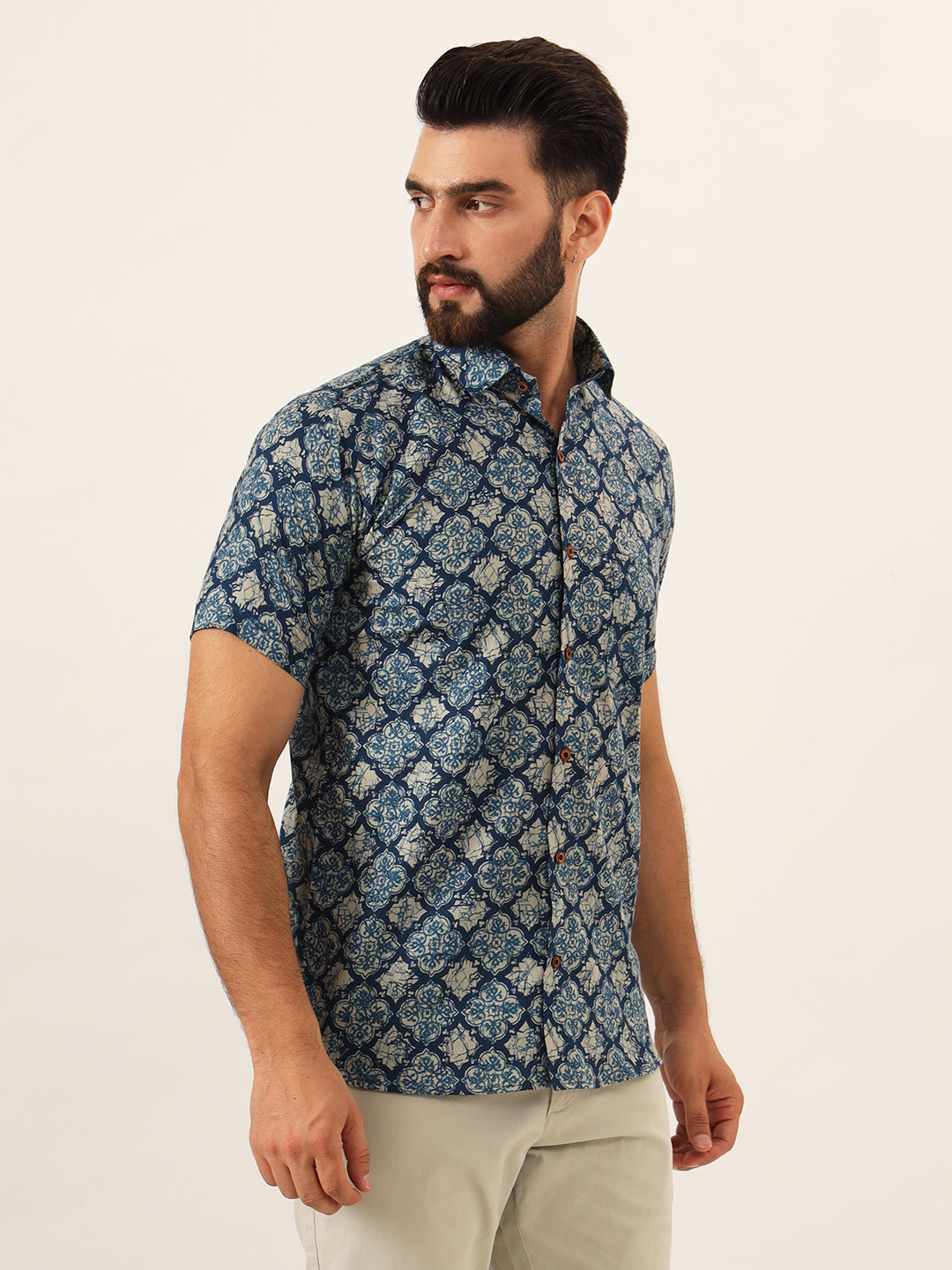 MEN Blue Geometric Pure Cotton Regular Fit Casual Half Sleeve